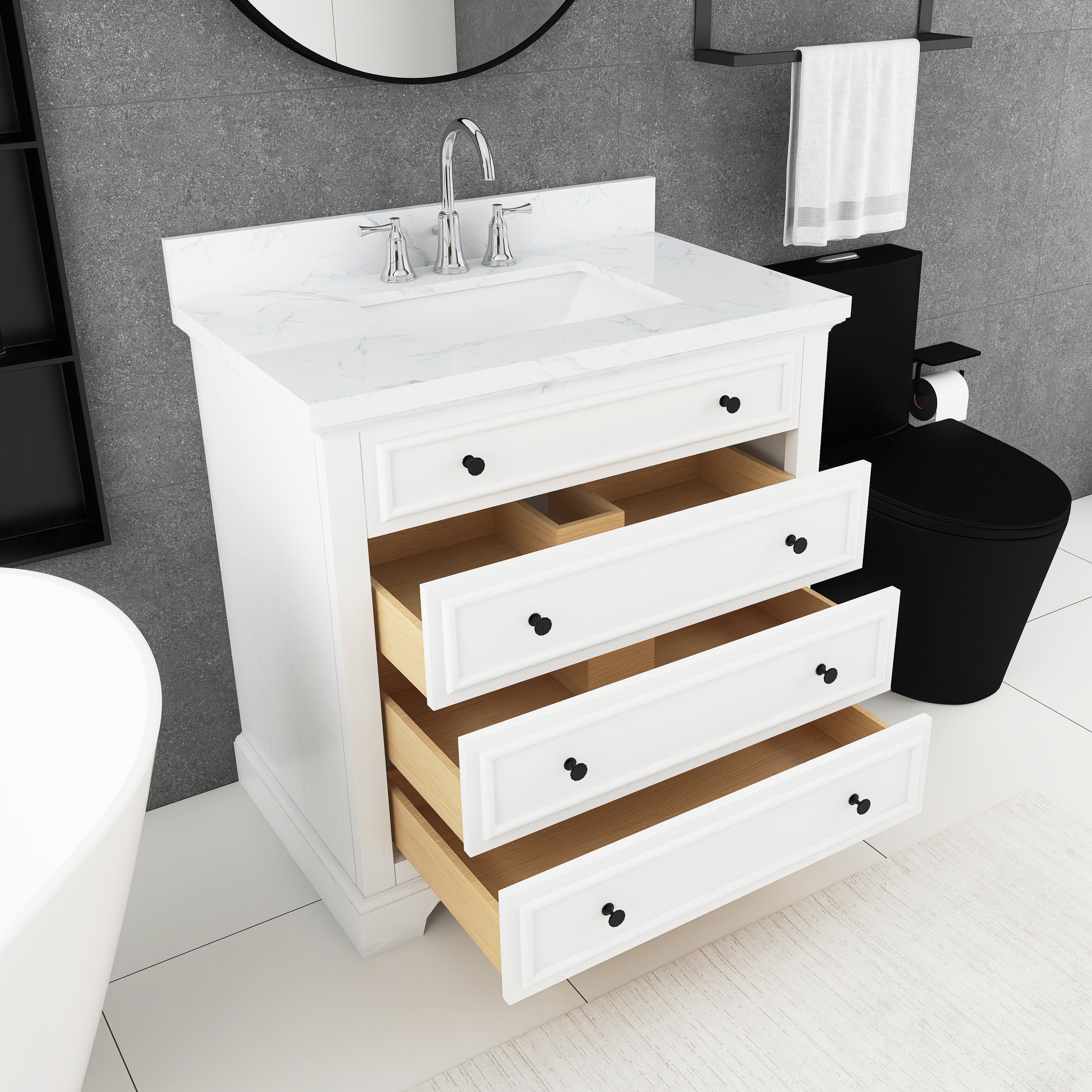 36 inch Solid Wood Freestanding Bathroom Vanity in White with Ceramic Sink with Drain