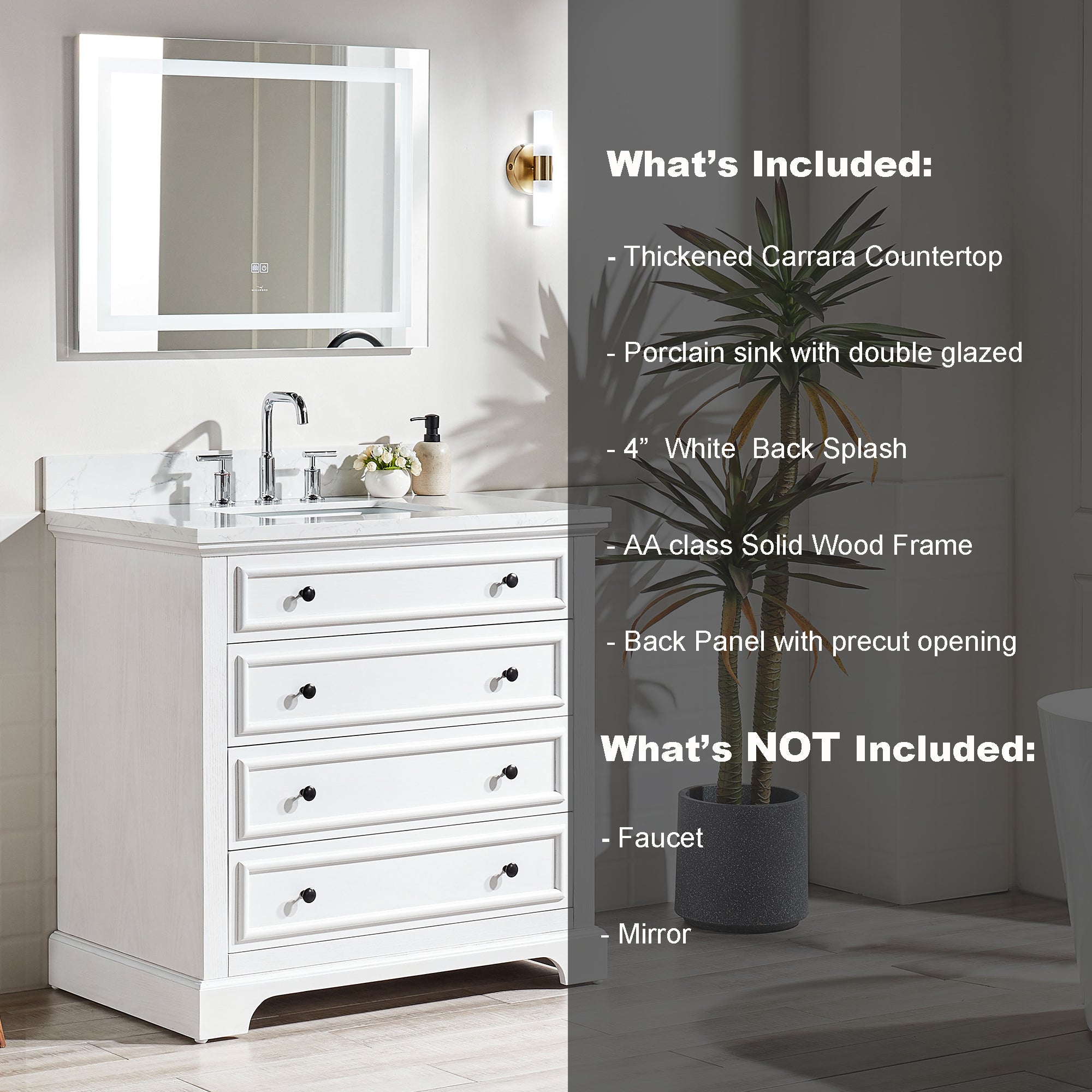 36 inch Solid Wood Freestanding Bathroom Vanity in White with Ceramic Sink with Drain