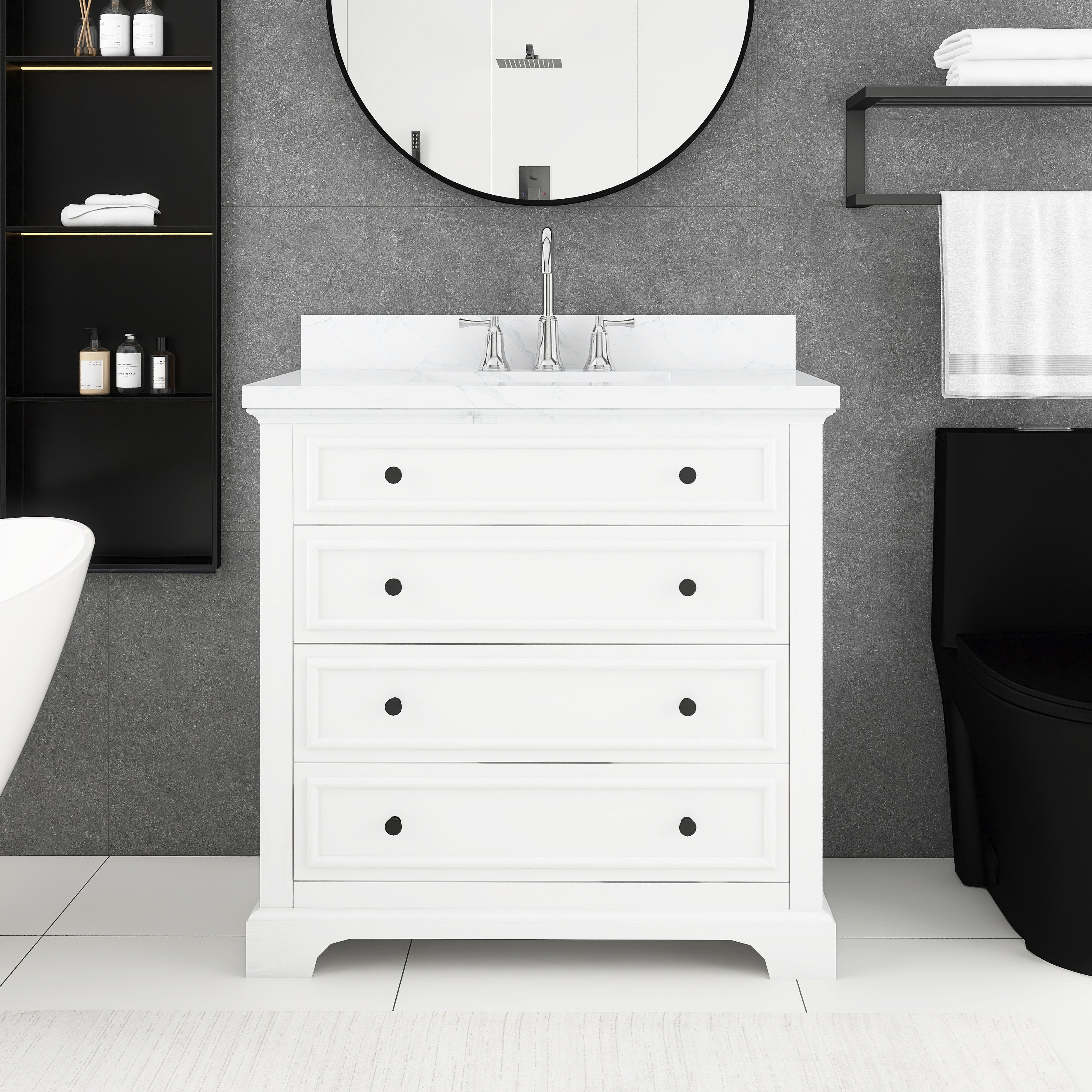 36 inch Solid Wood Freestanding Bathroom Vanity in White with Ceramic Sink with Drain
