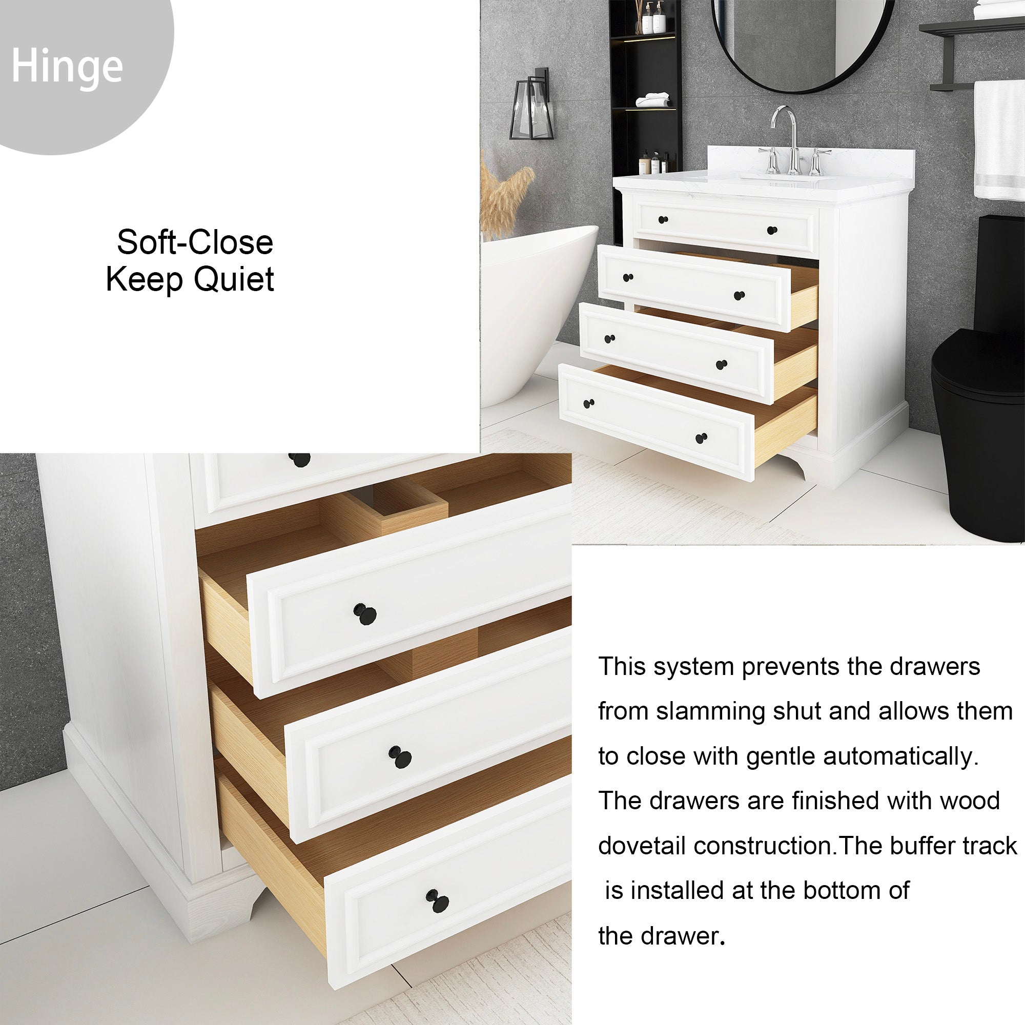 36 inch Solid Wood Freestanding Bathroom Vanity in White with Ceramic Sink with Drain