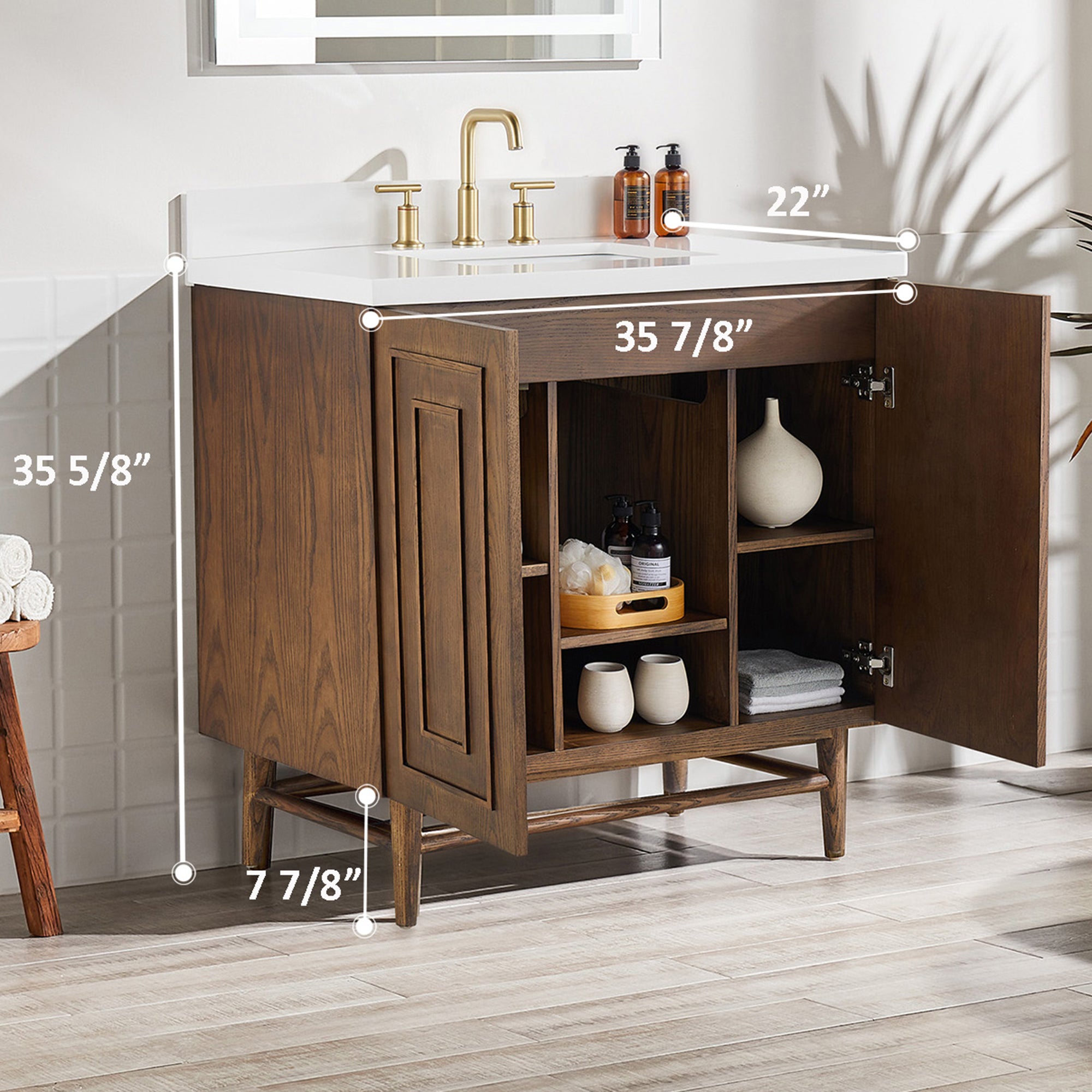 36 inch Solid Wood Freestanding Bathroom Vanity in Brown with Ceramic Sink with Drain