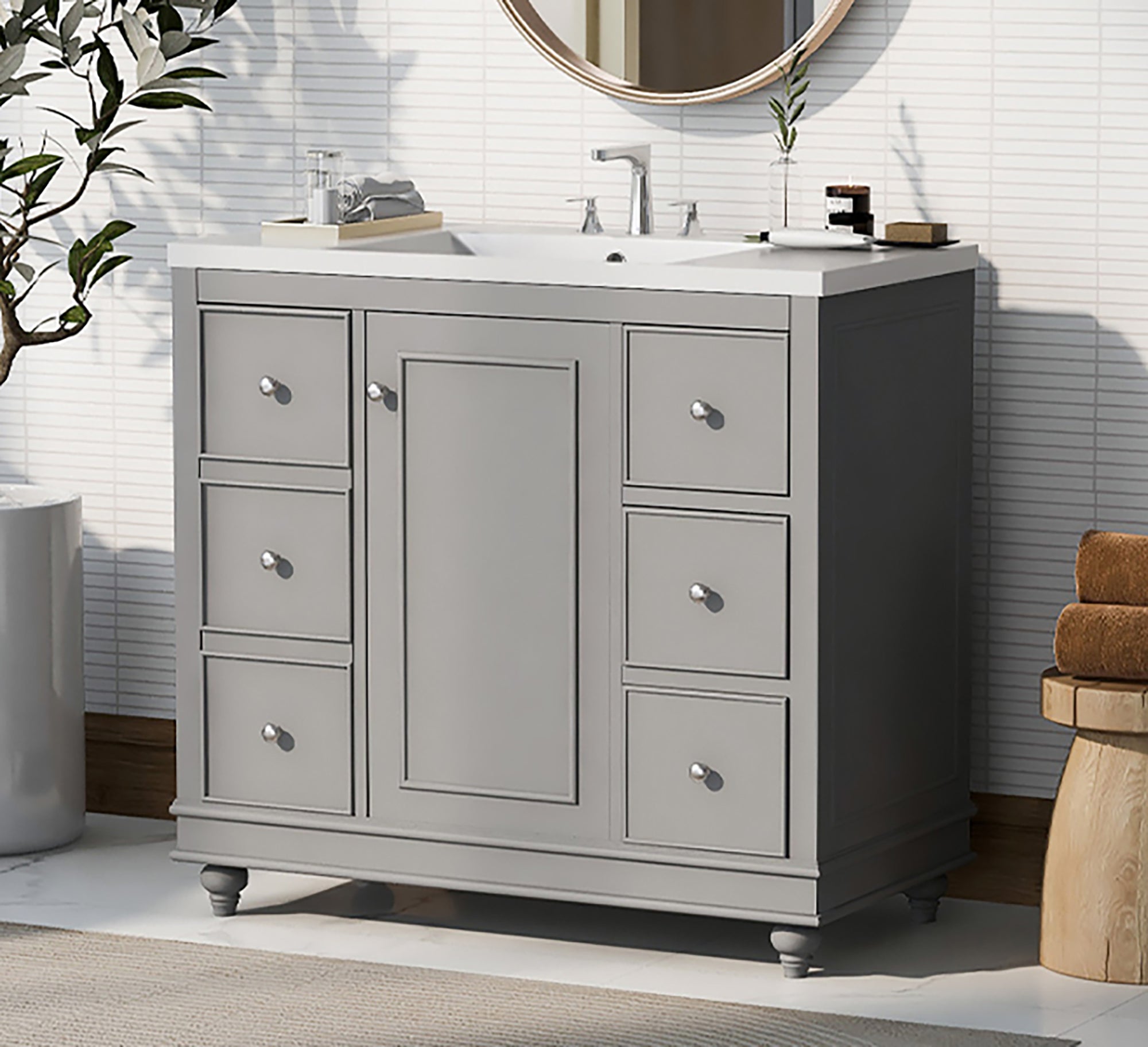 36 Inch Solid Wood Frame Freestanding Bathroom Vanity Set with Adjustable Shelf