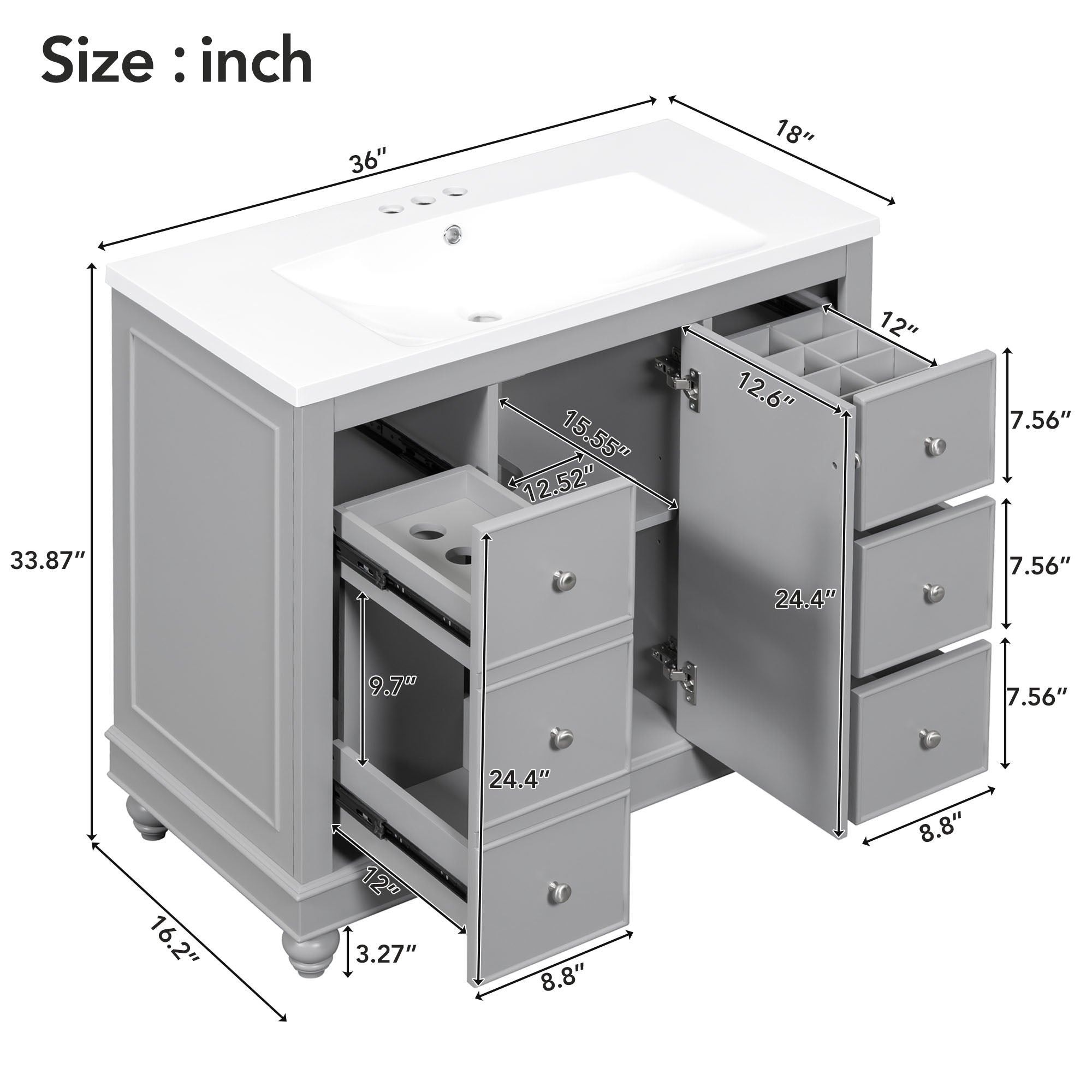 36 Inch Solid Wood Frame Freestanding Bathroom Vanity Set with Adjustable Shelf