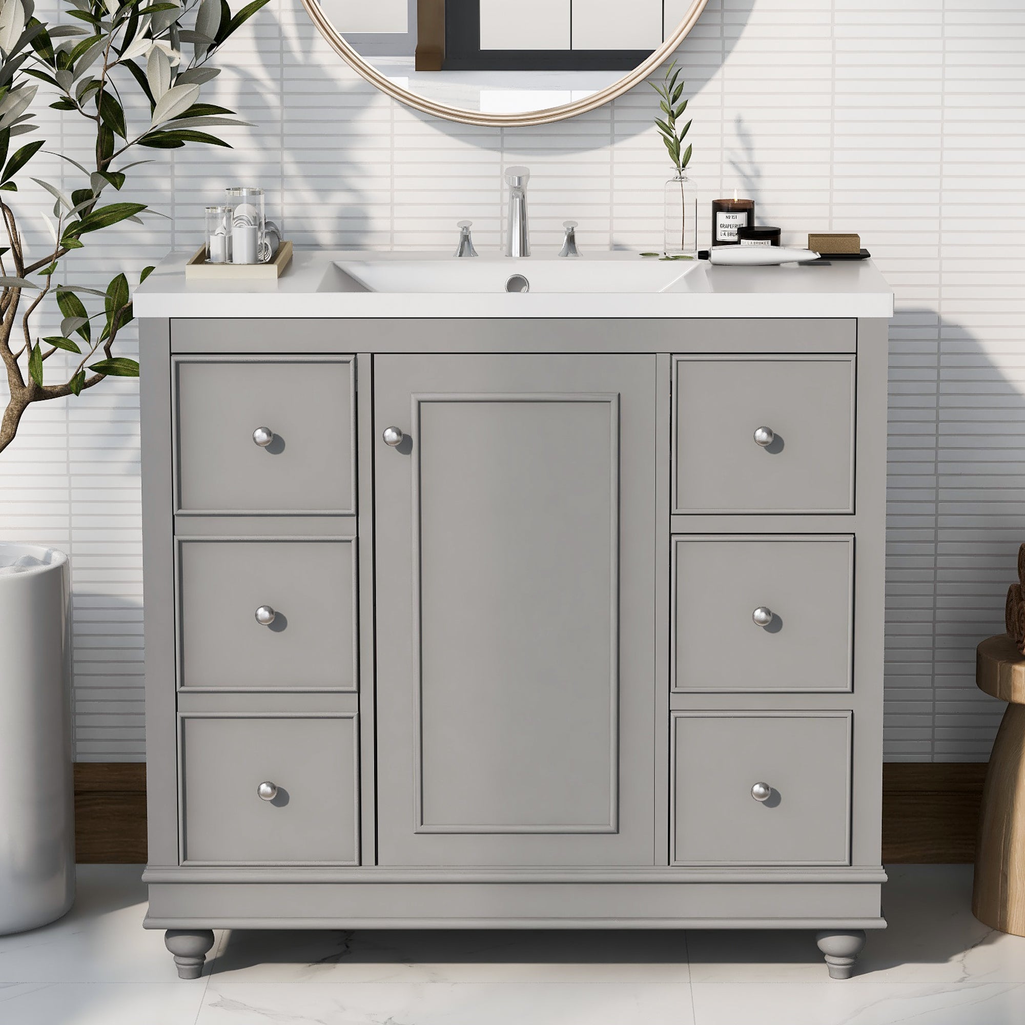 36 Inch Solid Wood Frame Freestanding Bathroom Vanity Set with Adjustable Shelf