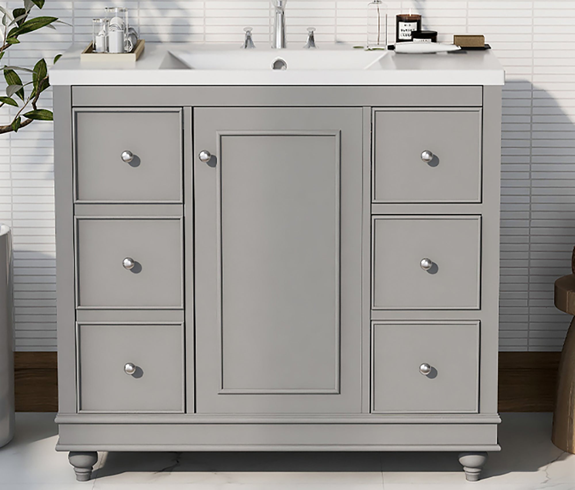 36 Inch Solid Wood Frame Freestanding Bathroom Vanity Set with Adjustable Shelf