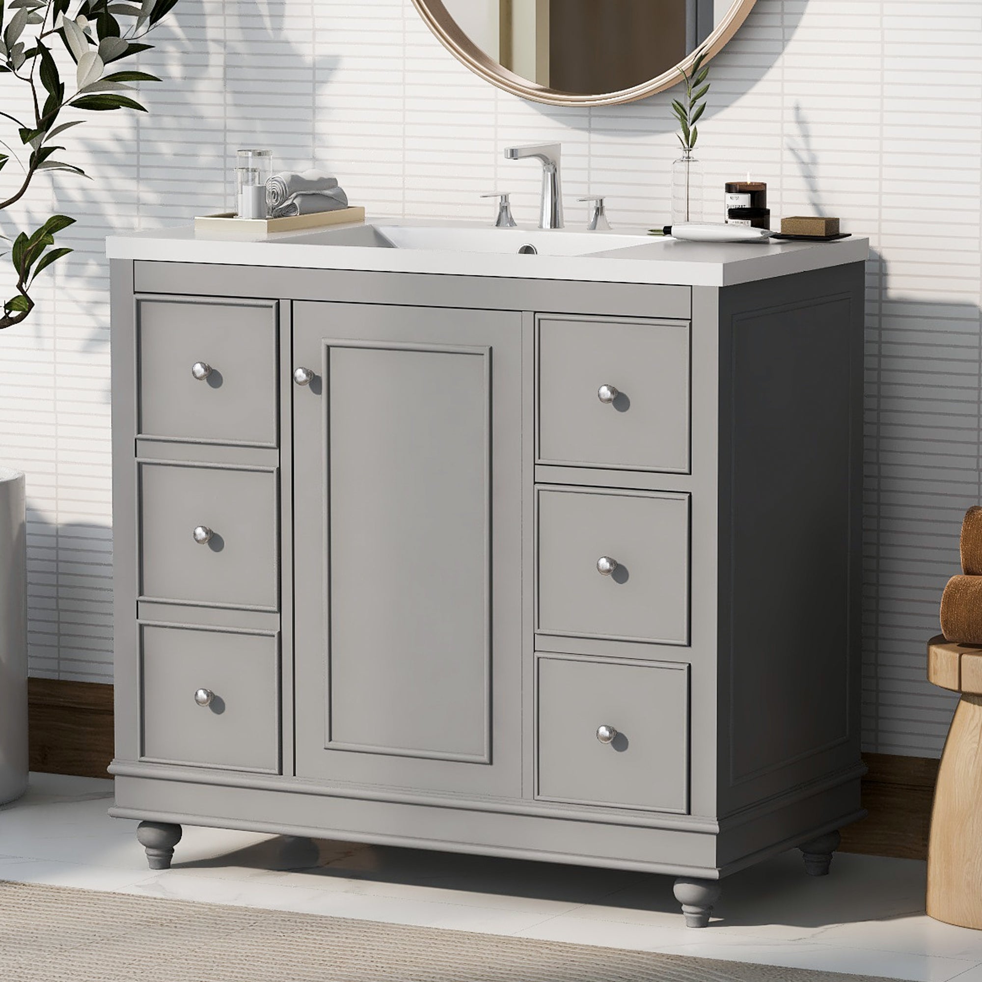 36 Inch Solid Wood Frame Freestanding Bathroom Vanity Set with Adjustable Shelf
