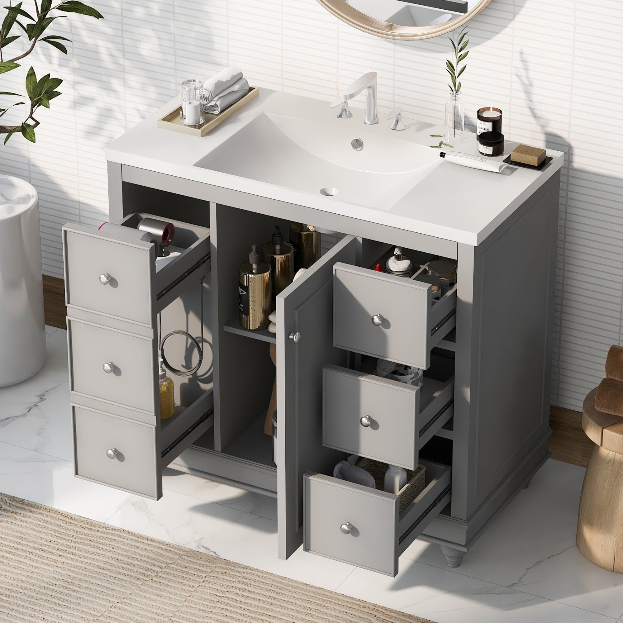 36 Inch Solid Wood Frame Freestanding Bathroom Vanity Set with Adjustable Shelf