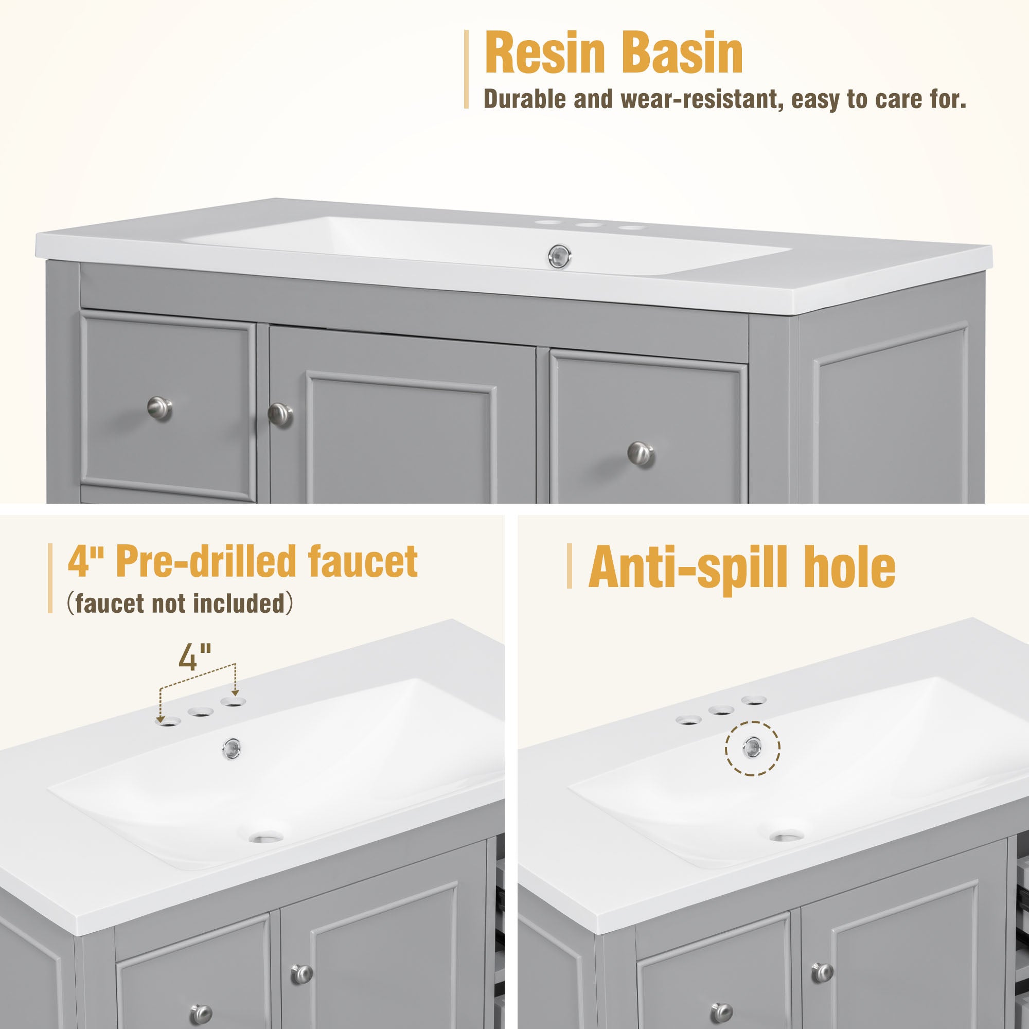 36 Inch Solid Wood Frame Freestanding Bathroom Vanity Set with Adjustable Shelf