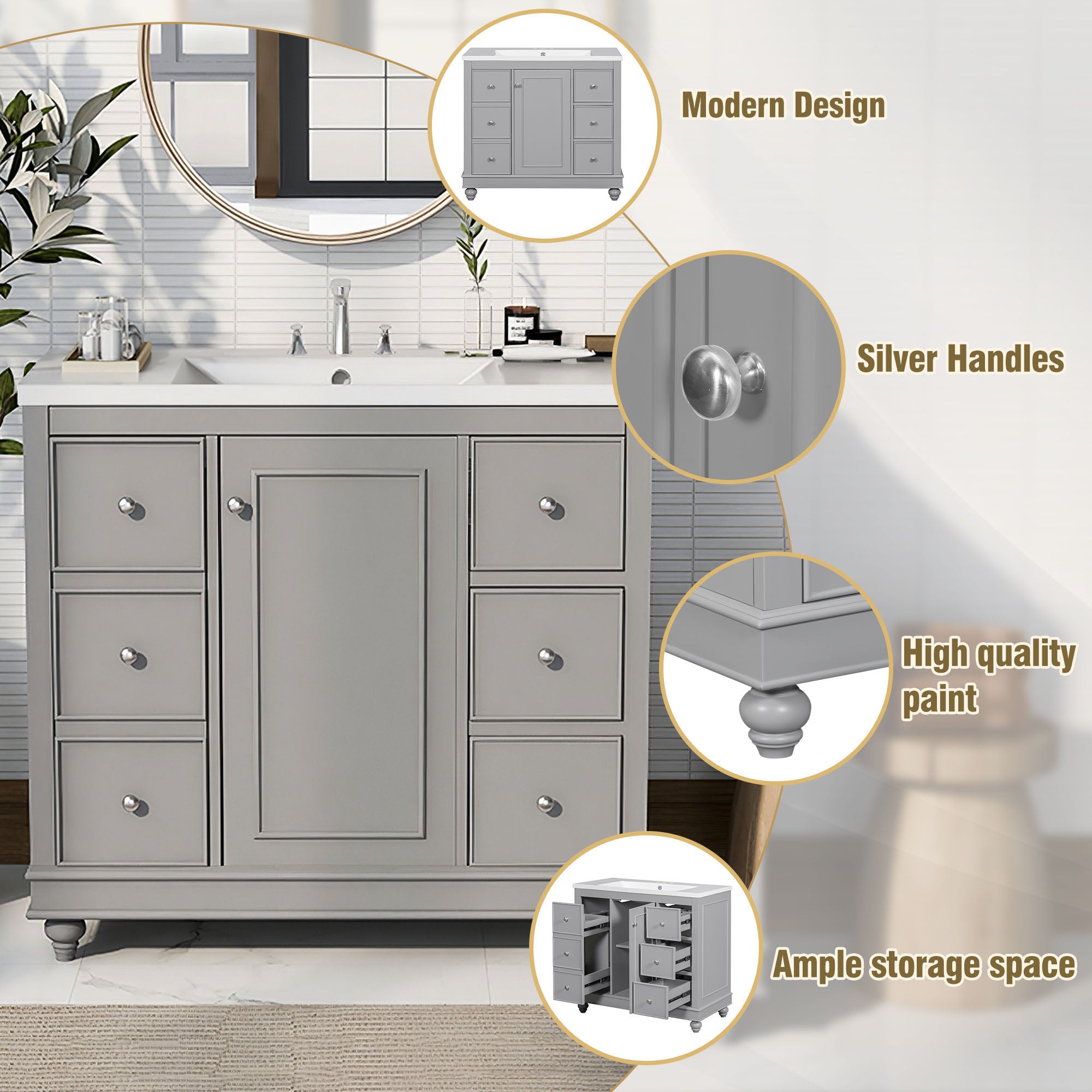 36 Inch Solid Wood Frame Freestanding Bathroom Vanity Set with Adjustable Shelf