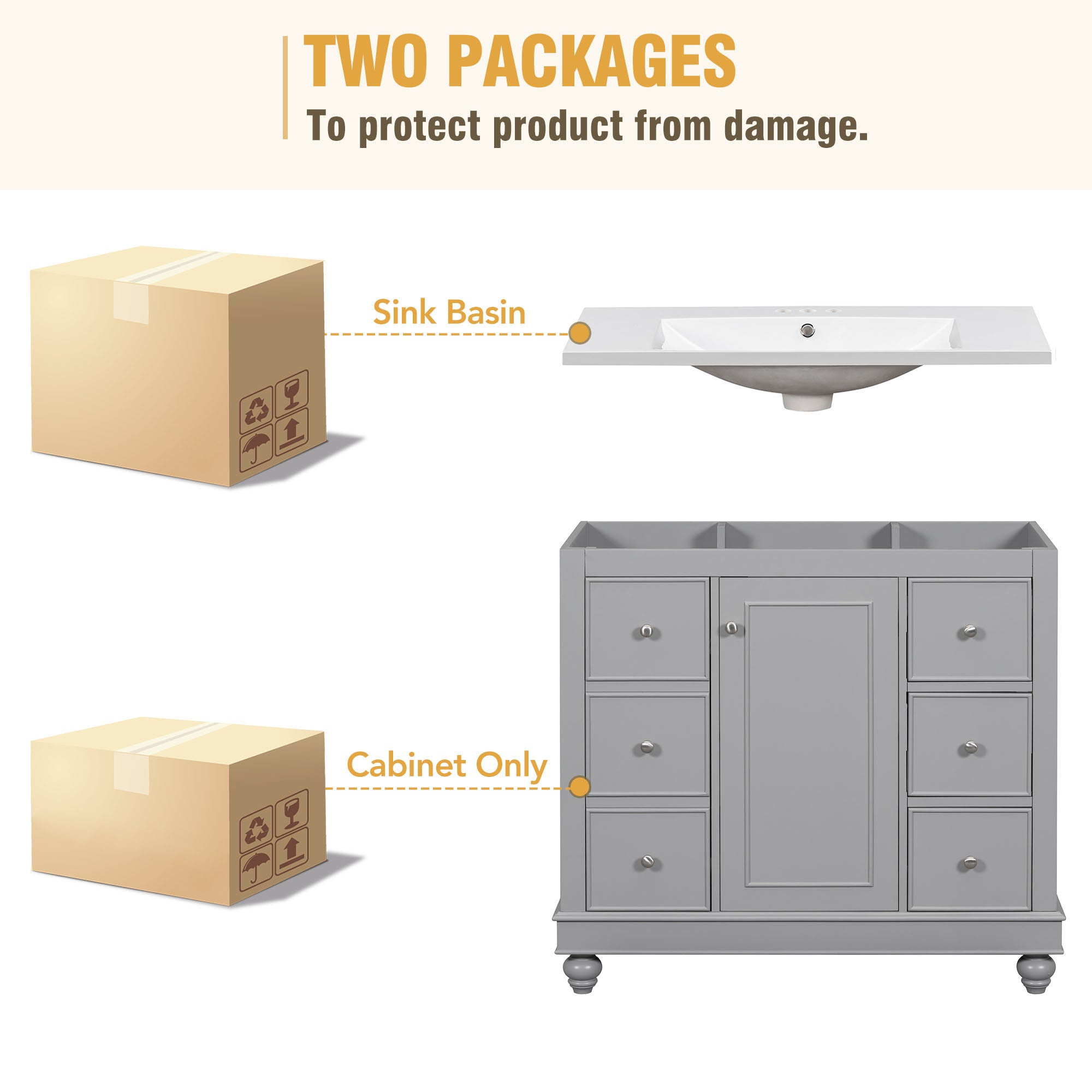 36 Inch Solid Wood Frame Freestanding Bathroom Vanity Set with Adjustable Shelf