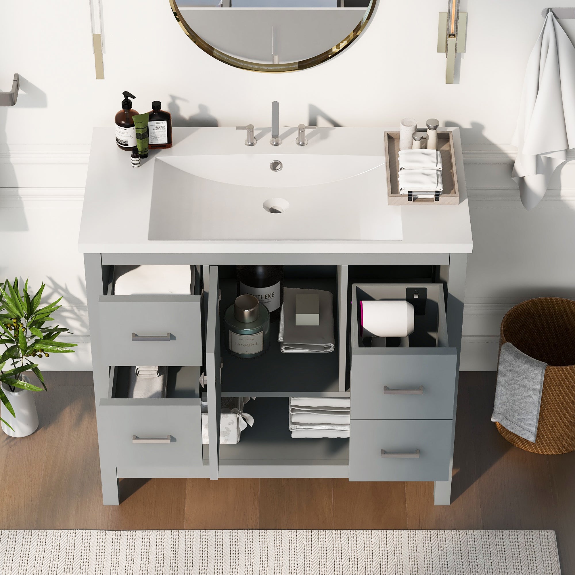 36 Inches Freestanding Bathroom Vanity with Resin Basin and Drawers