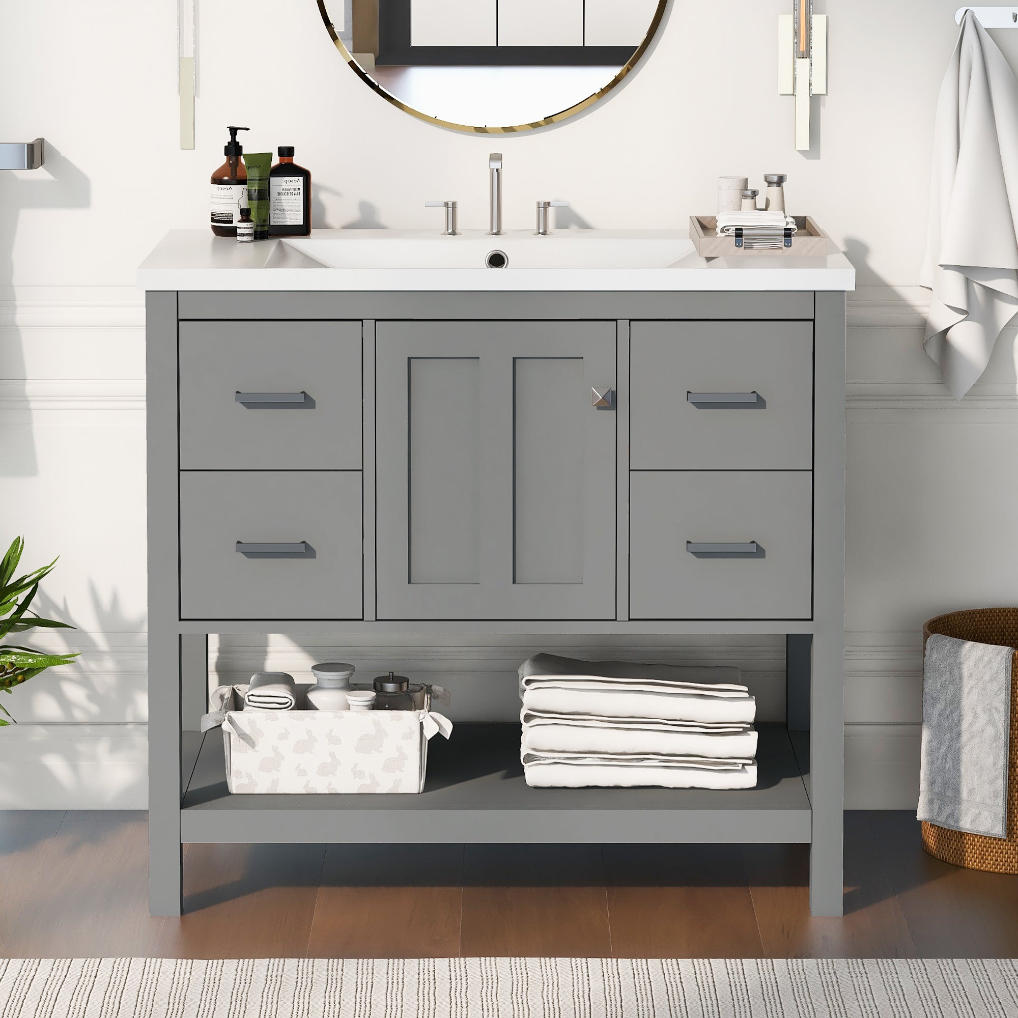 36 Inches Freestanding Bathroom Vanity with Resin Basin and Drawers