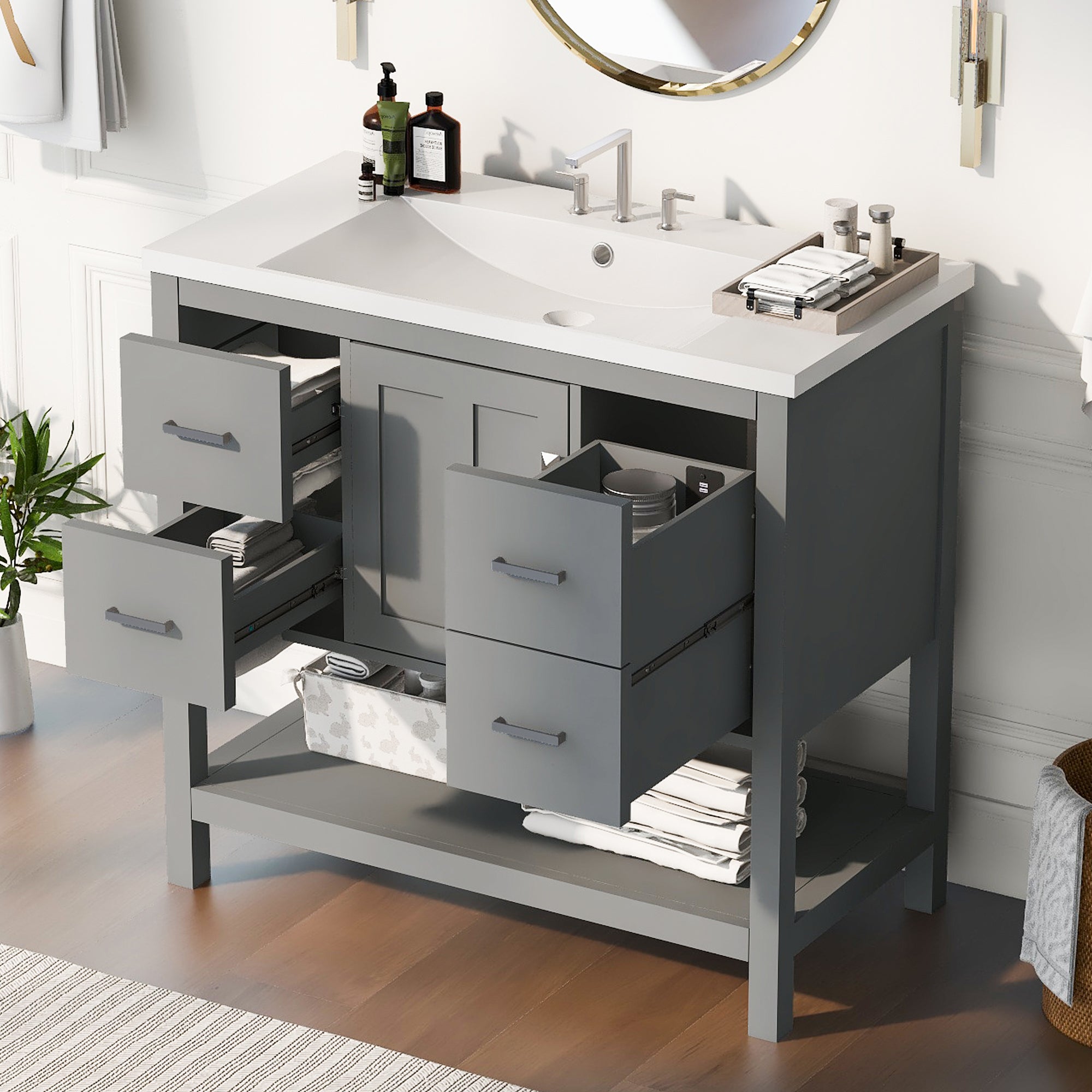 36 Inches Freestanding Bathroom Vanity with Resin Basin and Drawers