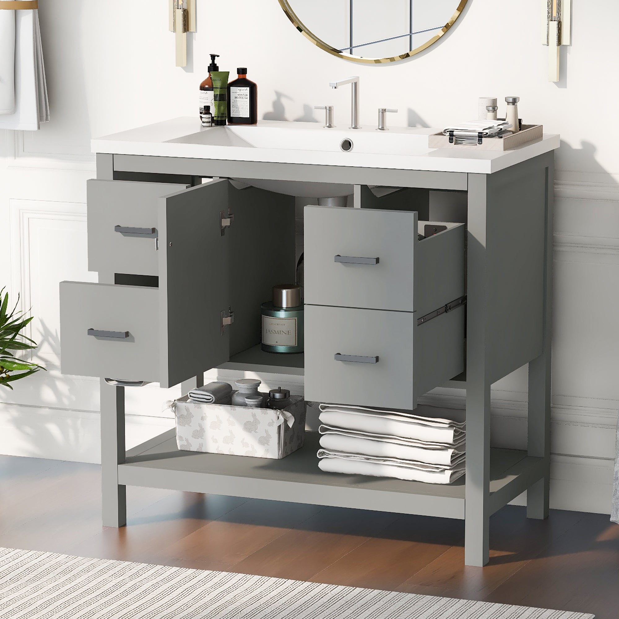 36 Inches Freestanding Bathroom Vanity with Resin Basin and Drawers