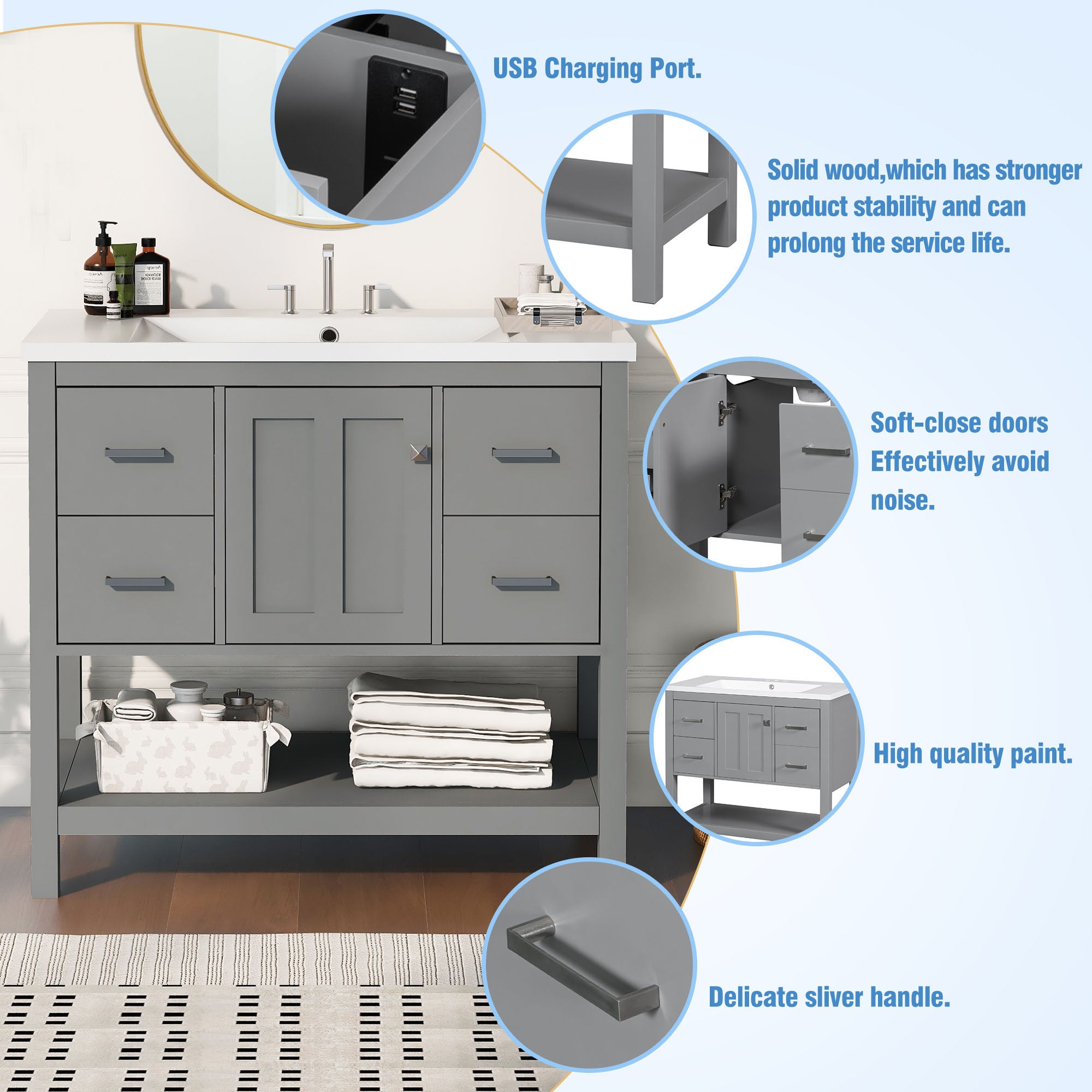 36 Inches Freestanding Bathroom Vanity with Resin Basin and Drawers
