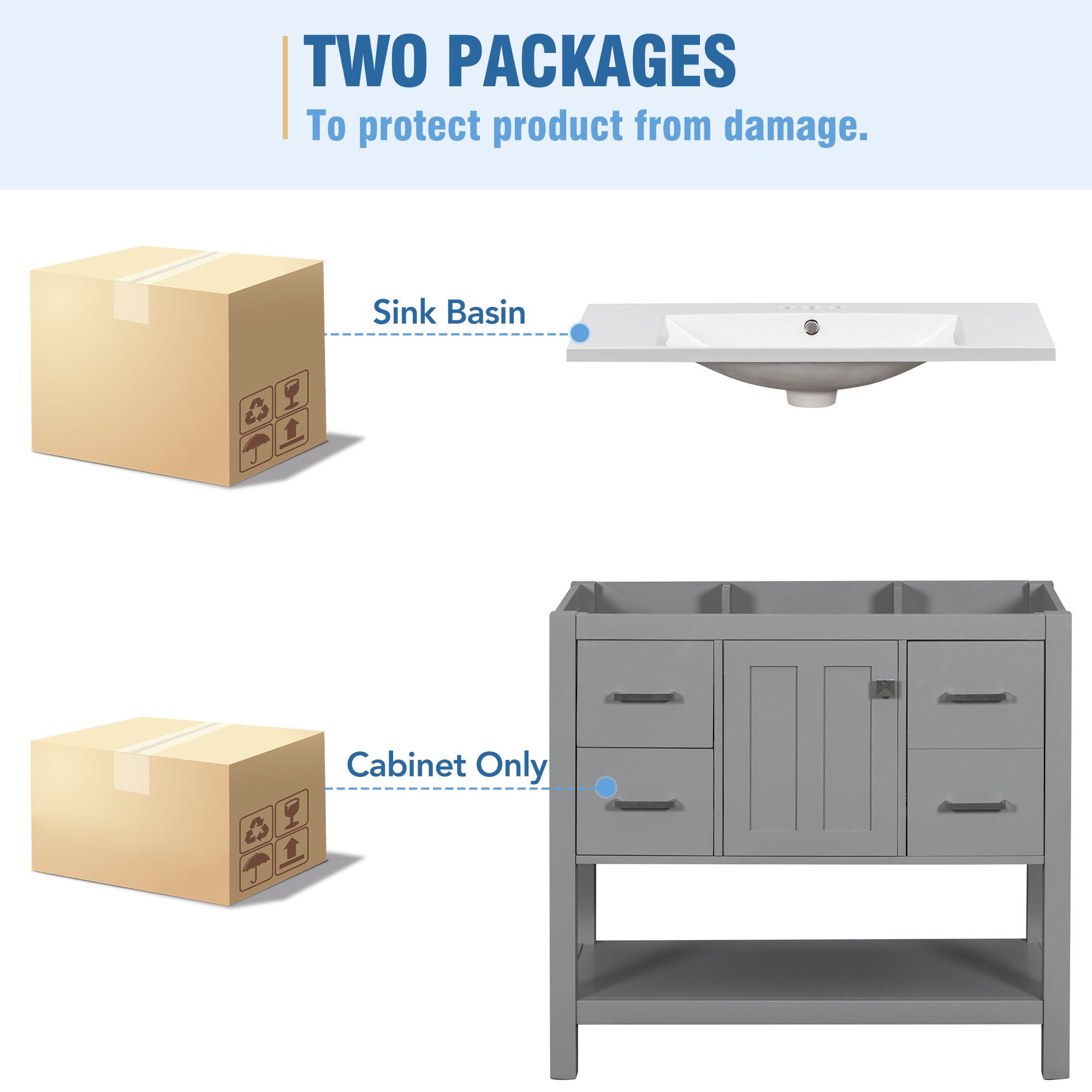 36 Inches Freestanding Bathroom Vanity with Resin Basin and Drawers