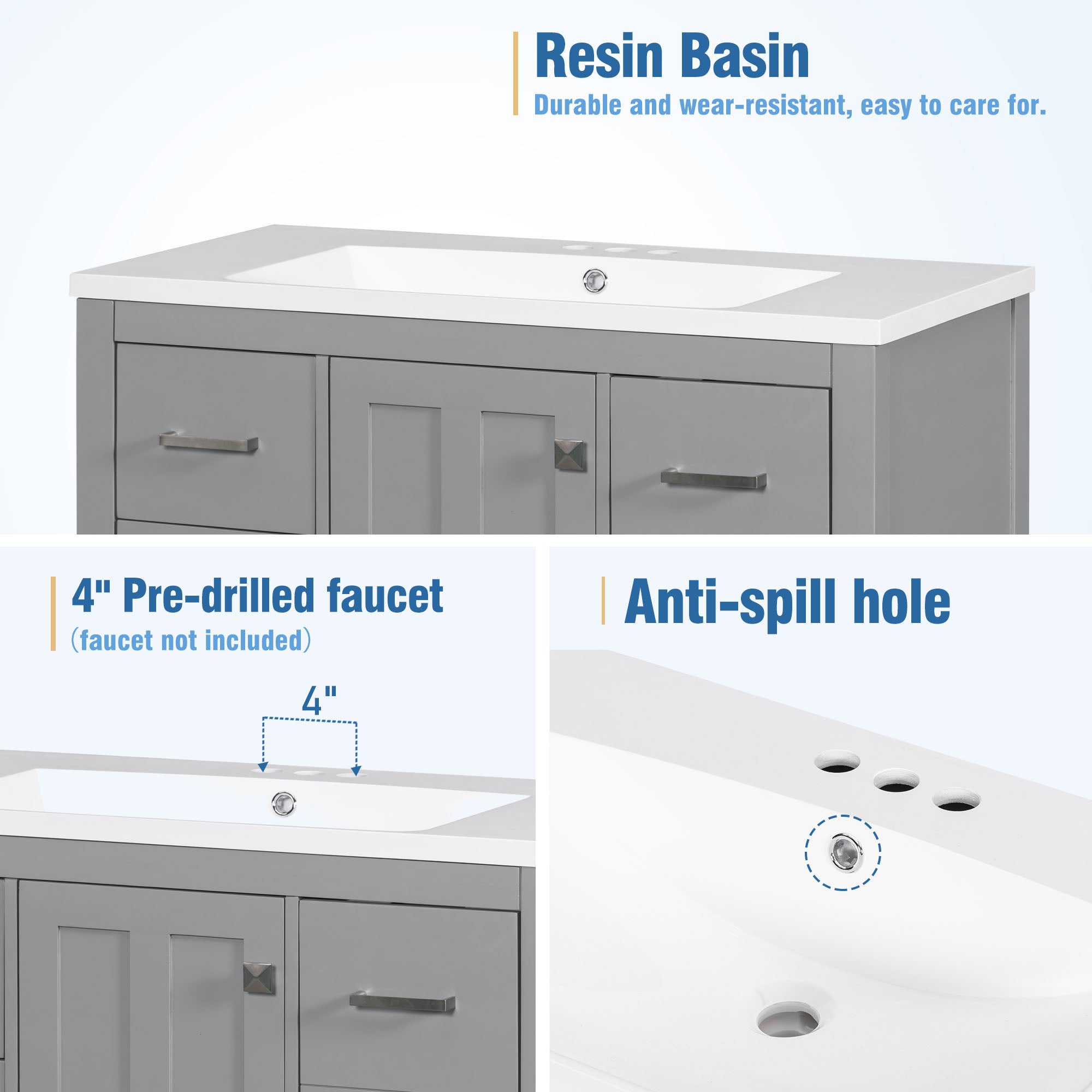 36 Inches Freestanding Bathroom Vanity with Resin Basin and Drawers