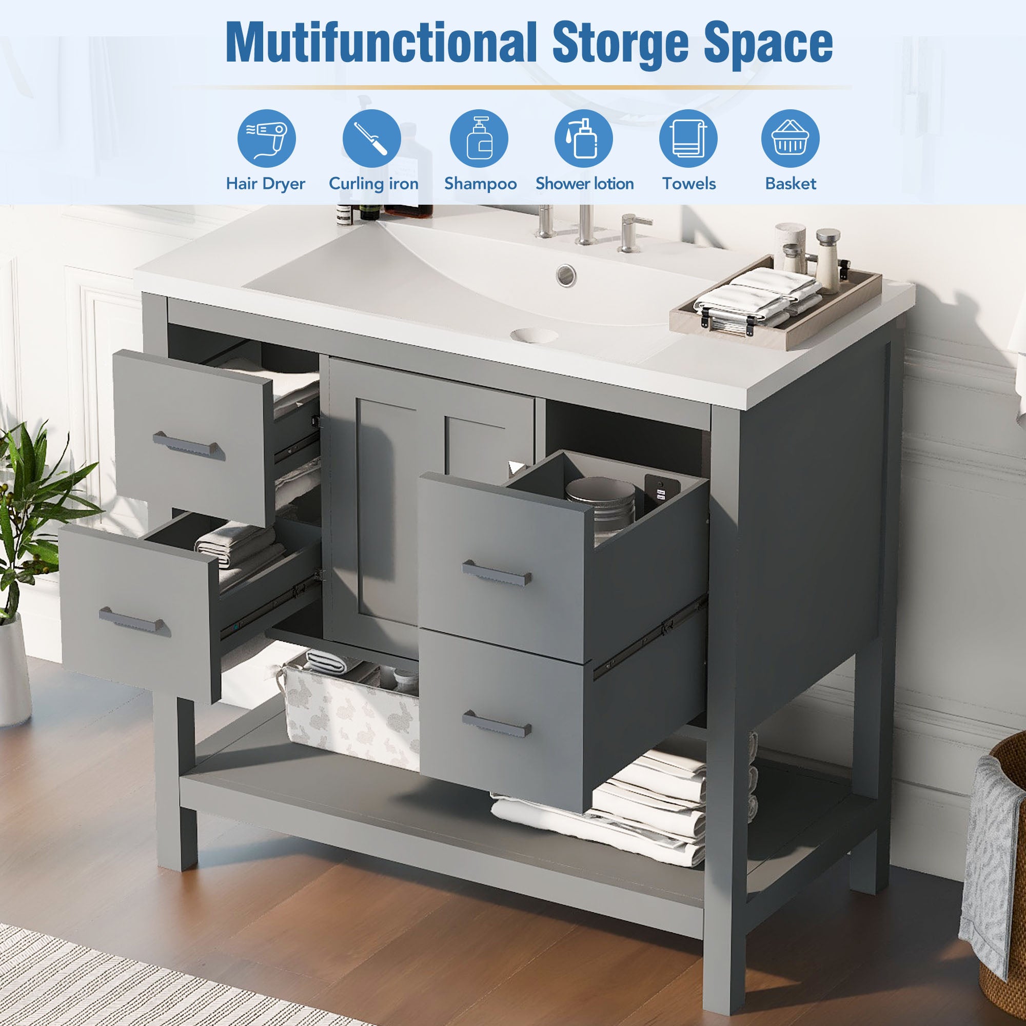 36 Inches Freestanding Bathroom Vanity with Resin Basin and Drawers