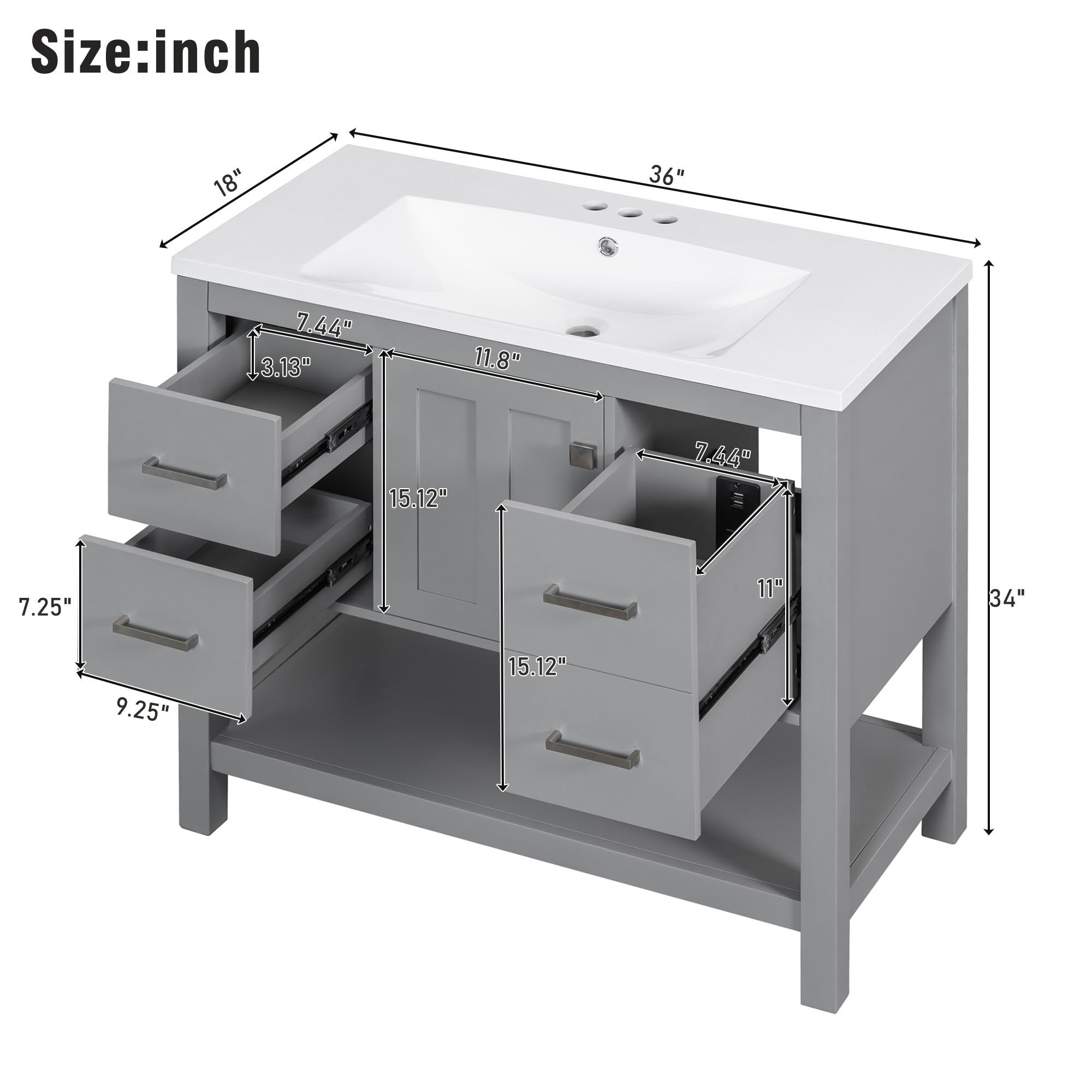 36 Inches Freestanding Bathroom Vanity with Resin Basin and Drawers