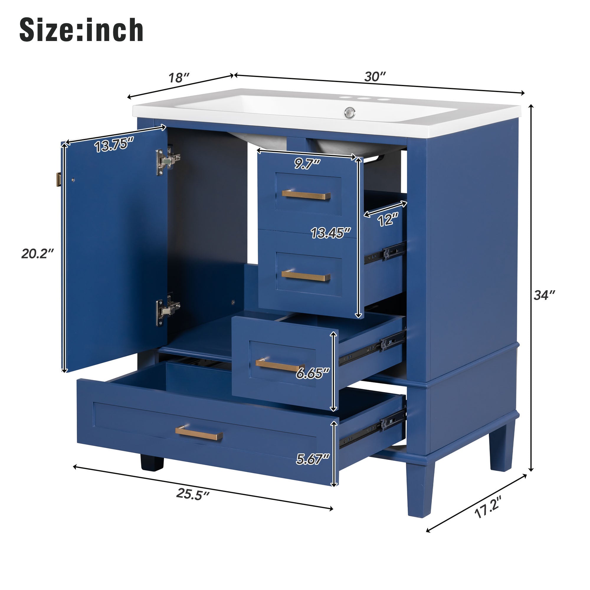 30 Inch Freestanding Bathroom Vanity Set with Integrated Resin Sink