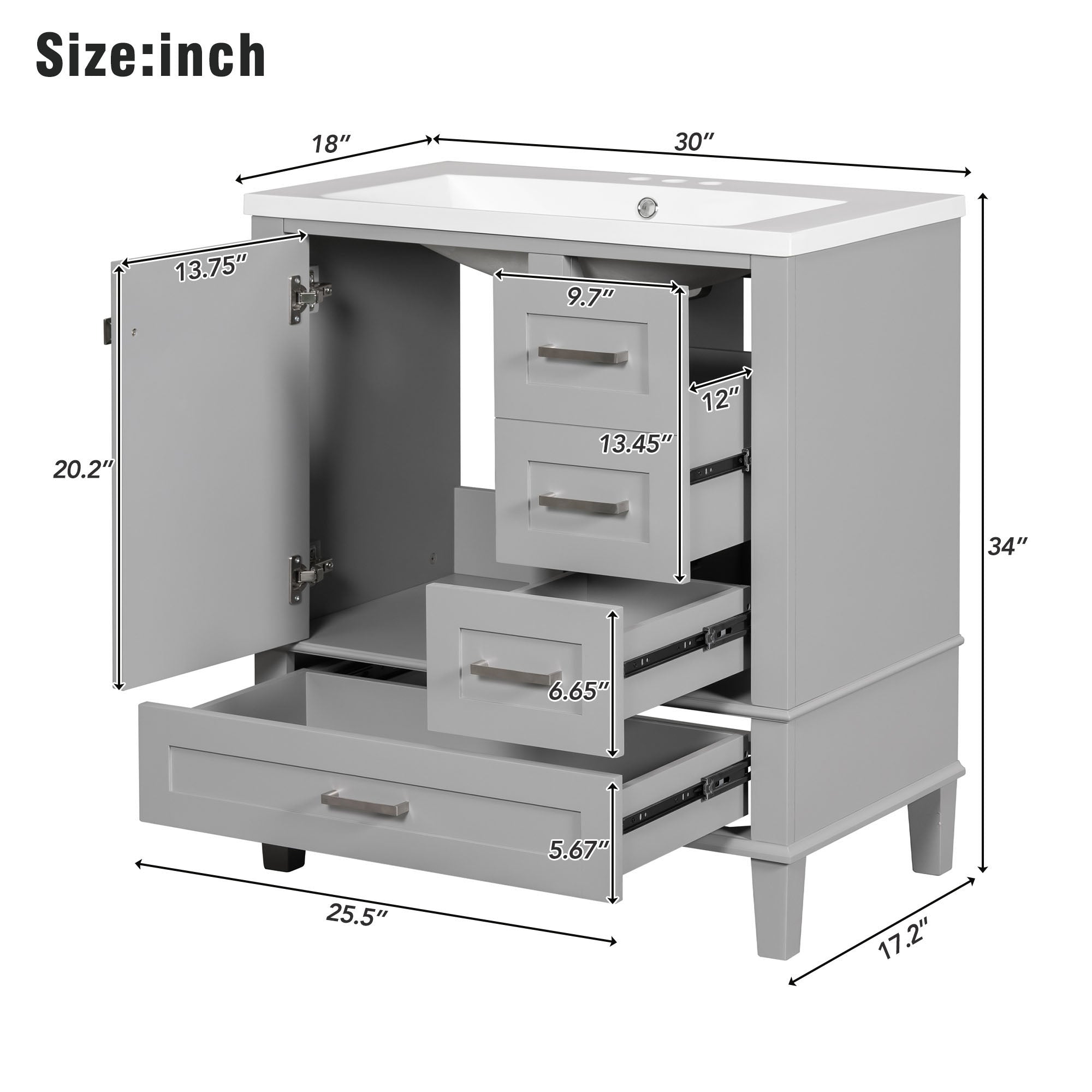30 Inch Freestanding Bathroom Vanity Set with Integrated Resin Sink