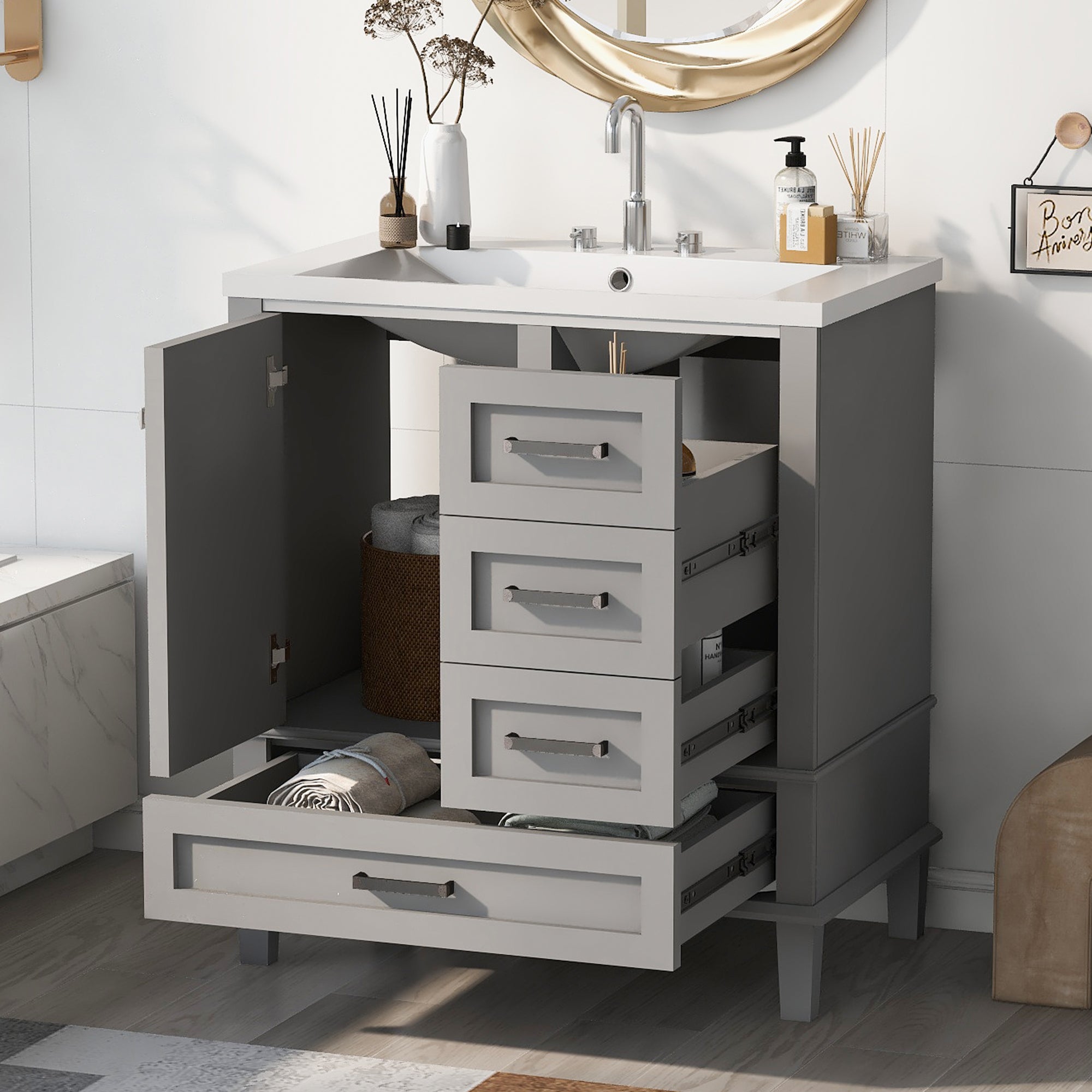 30 Inch Freestanding Bathroom Vanity Set with Integrated Resin Sink