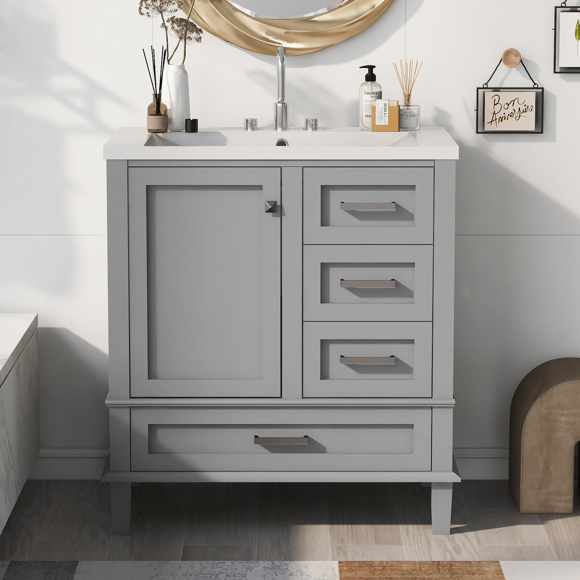30 Inch Freestanding Bathroom Vanity Set with Integrated Resin Sink