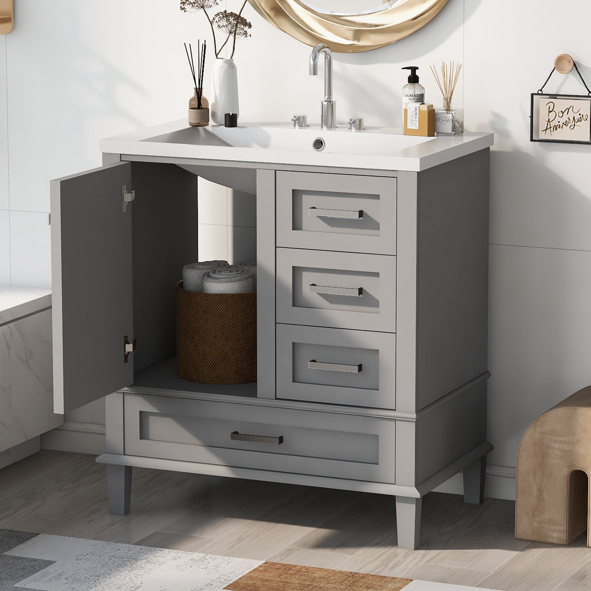 30 Inch Freestanding Bathroom Vanity Set with Integrated Resin Sink