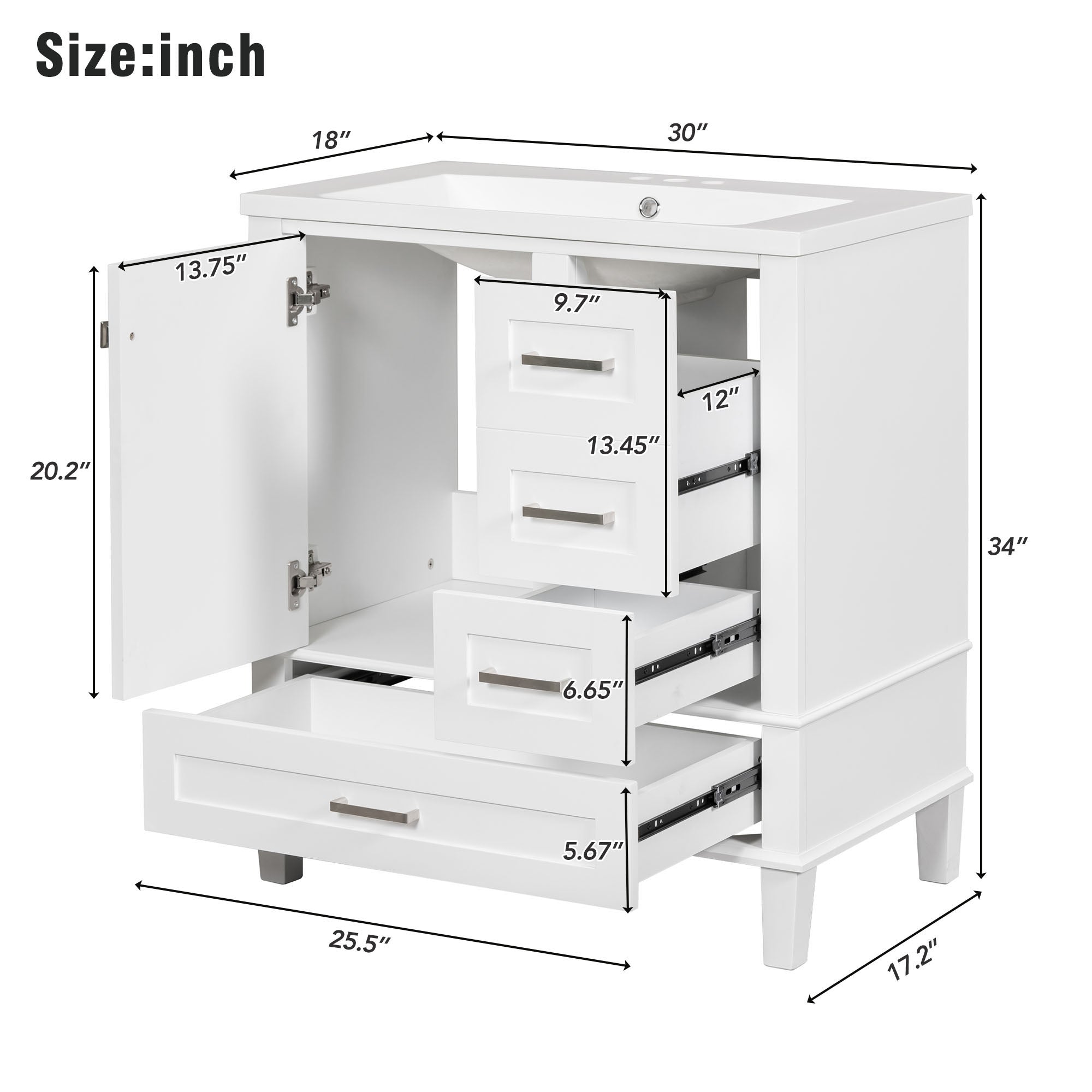 30 Inch Freestanding Bathroom Vanity Set with Integrated Resin Sink