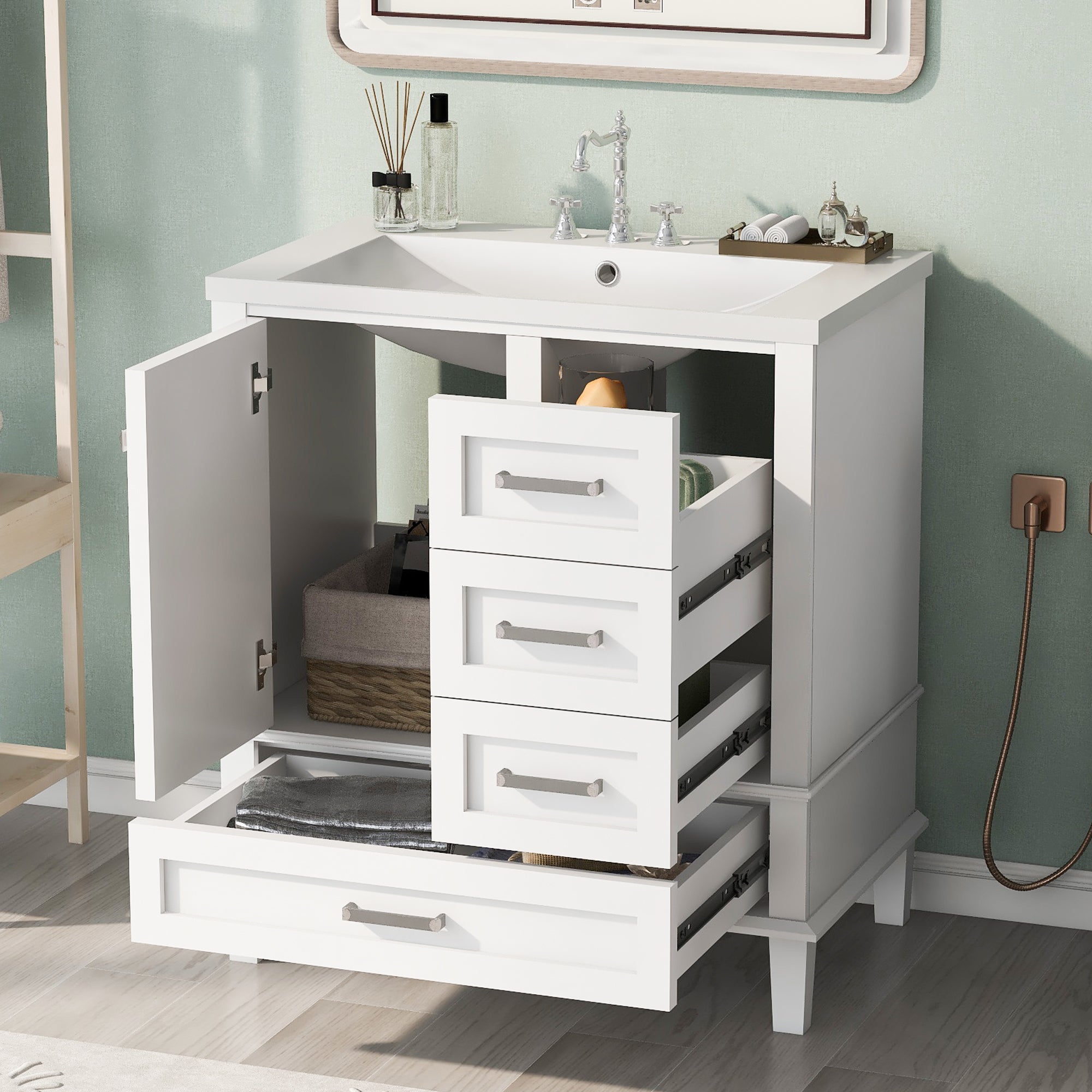 30 Inch Freestanding Bathroom Vanity Set with Integrated Resin Sink