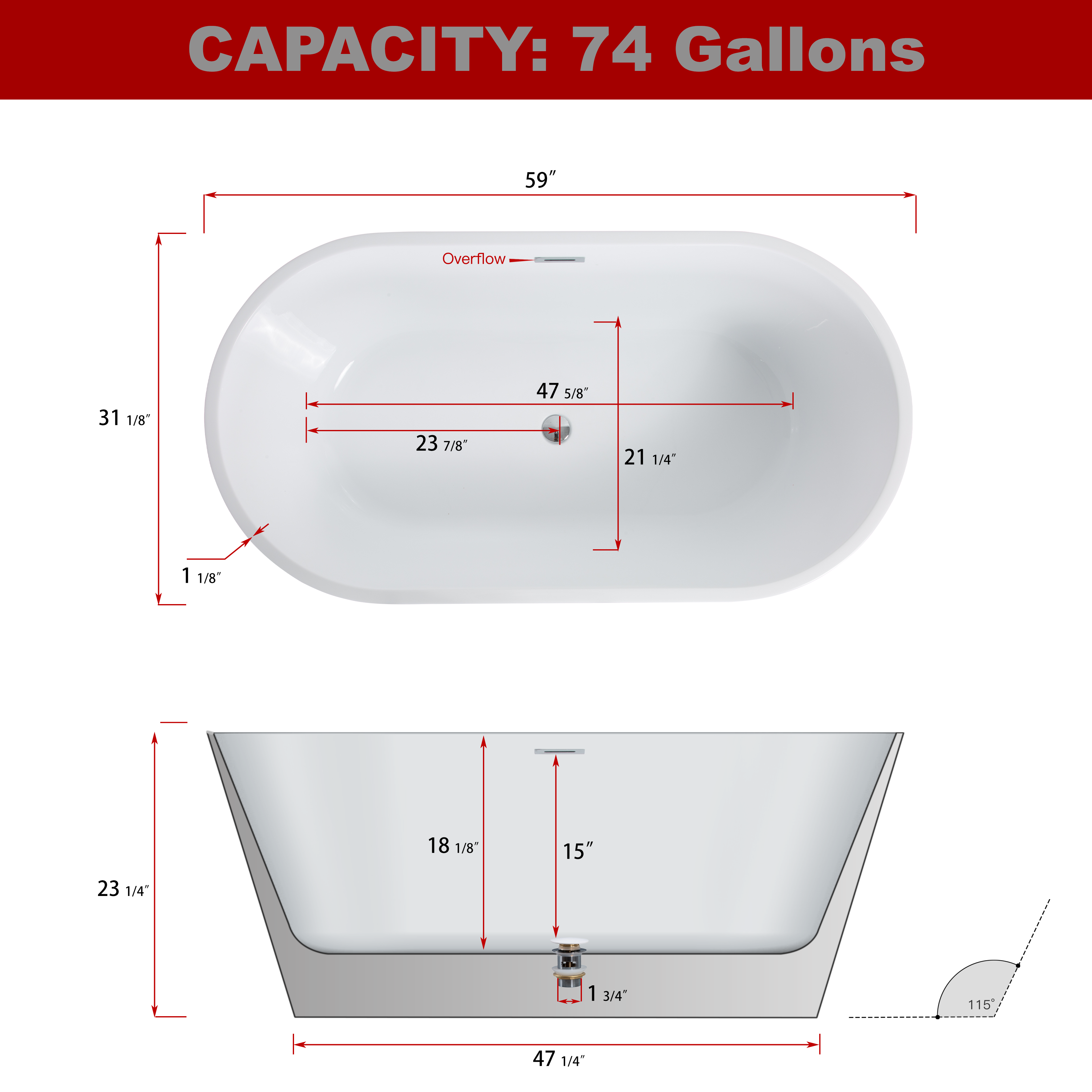 55"/59"/63"/67" Acrylic Freestanding Soaking Bathtub with Drain
