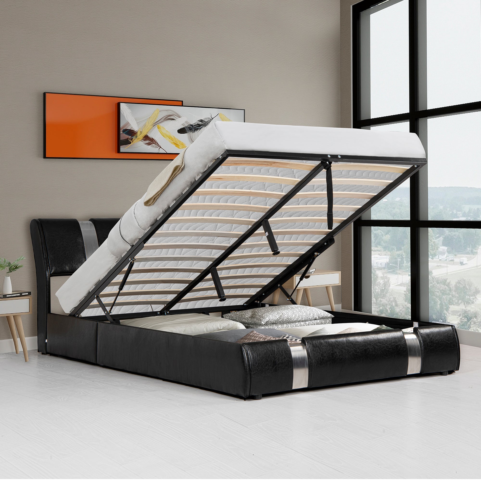  PVC Queen Platform Bed with Hydraulic Storage System