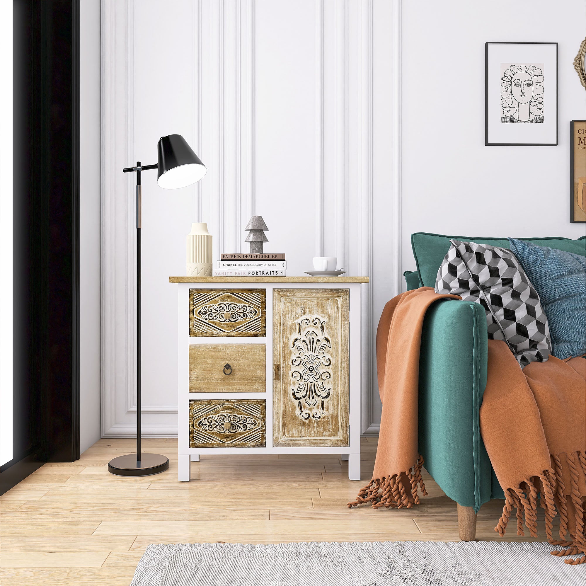 17 Inch 1-door Accent Cabinet in Natural with White Wash
