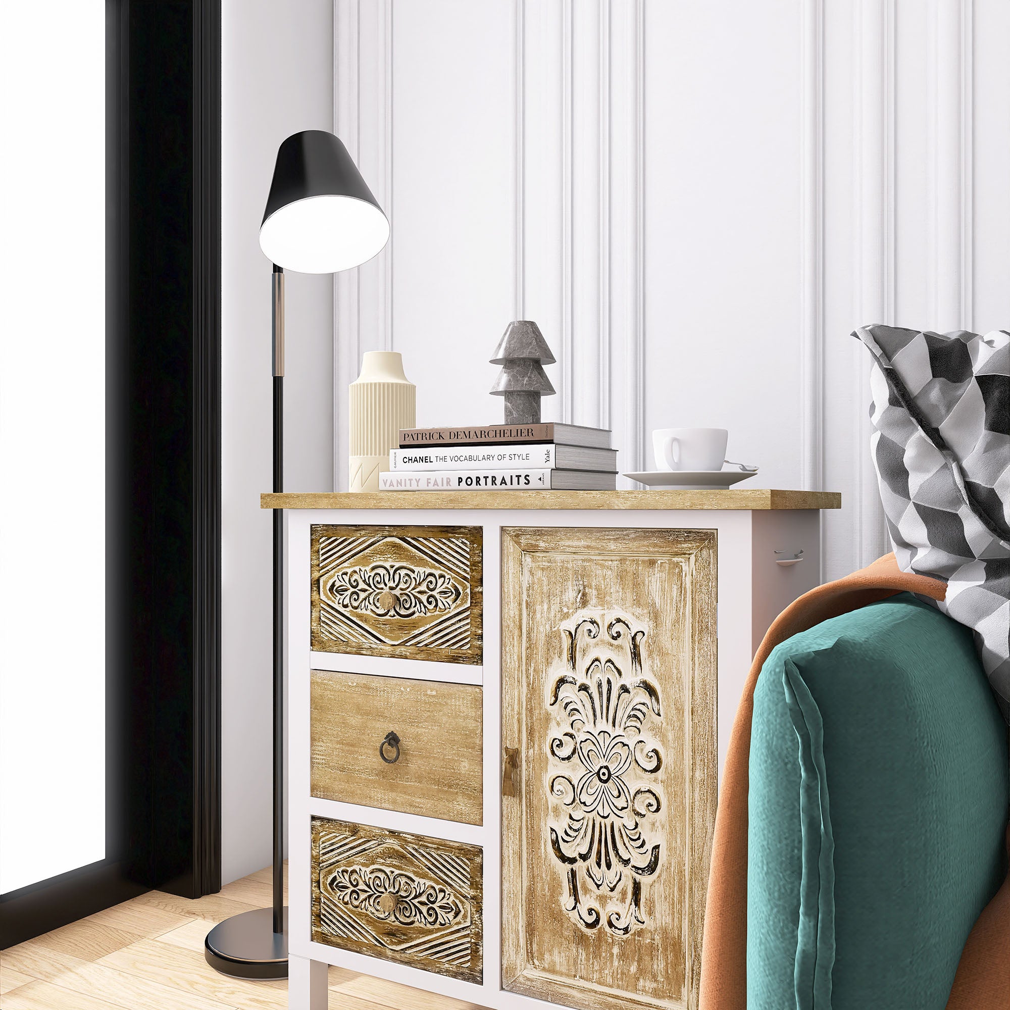 17 Inch 1-door Accent Cabinet in Natural with White Wash