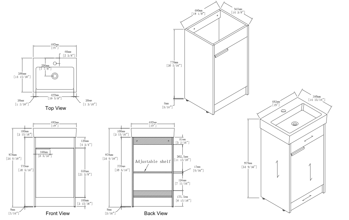 18 inch Plywood Freestanding Bathroom Vanity Set with Adjustable Shelf and Integrated Ceramic Sink