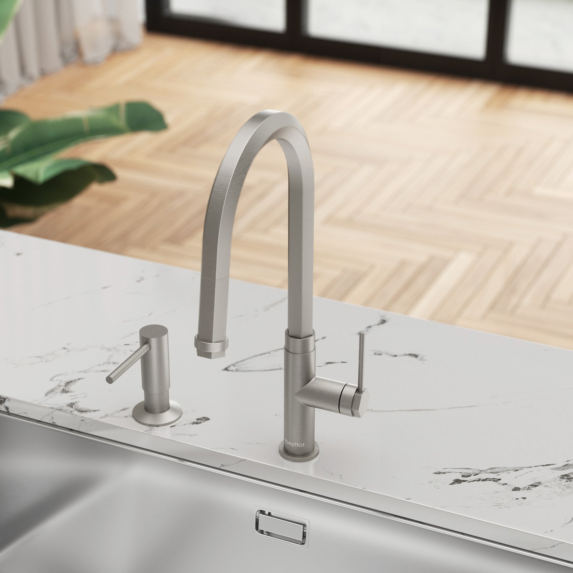 Single Handle Deck Mounted High Arc Brass Kitchen Faucet with Soap Dispenser