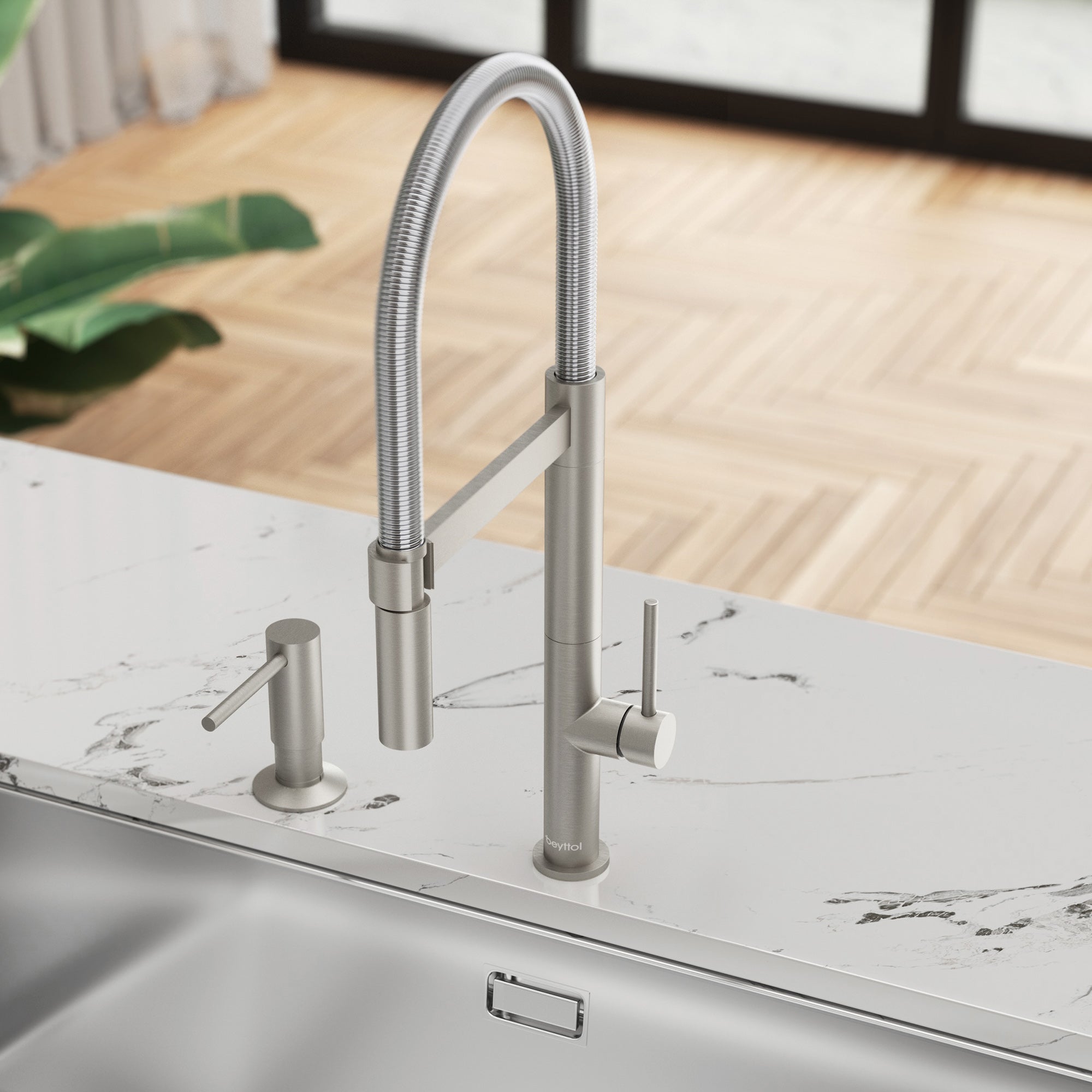 Single Handle Deck Mounted High Arc Brass Kitchen Faucet with Soap Dispenser