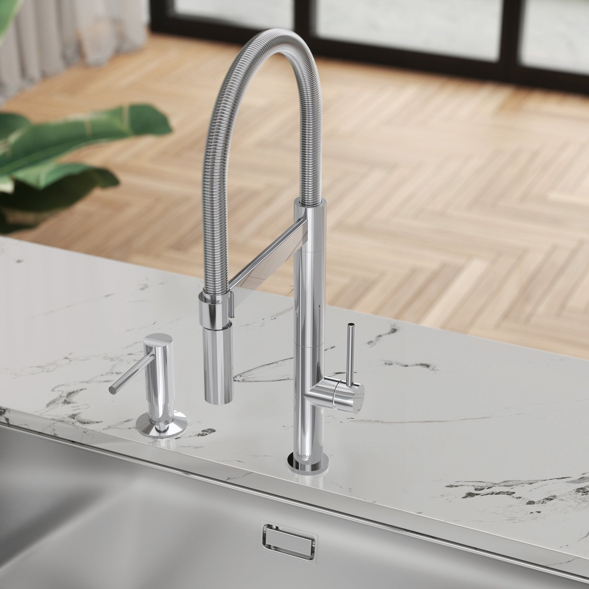 Single Handle Deck Mounted High Arc Brass Kitchen Faucet with Soap Dispenser
