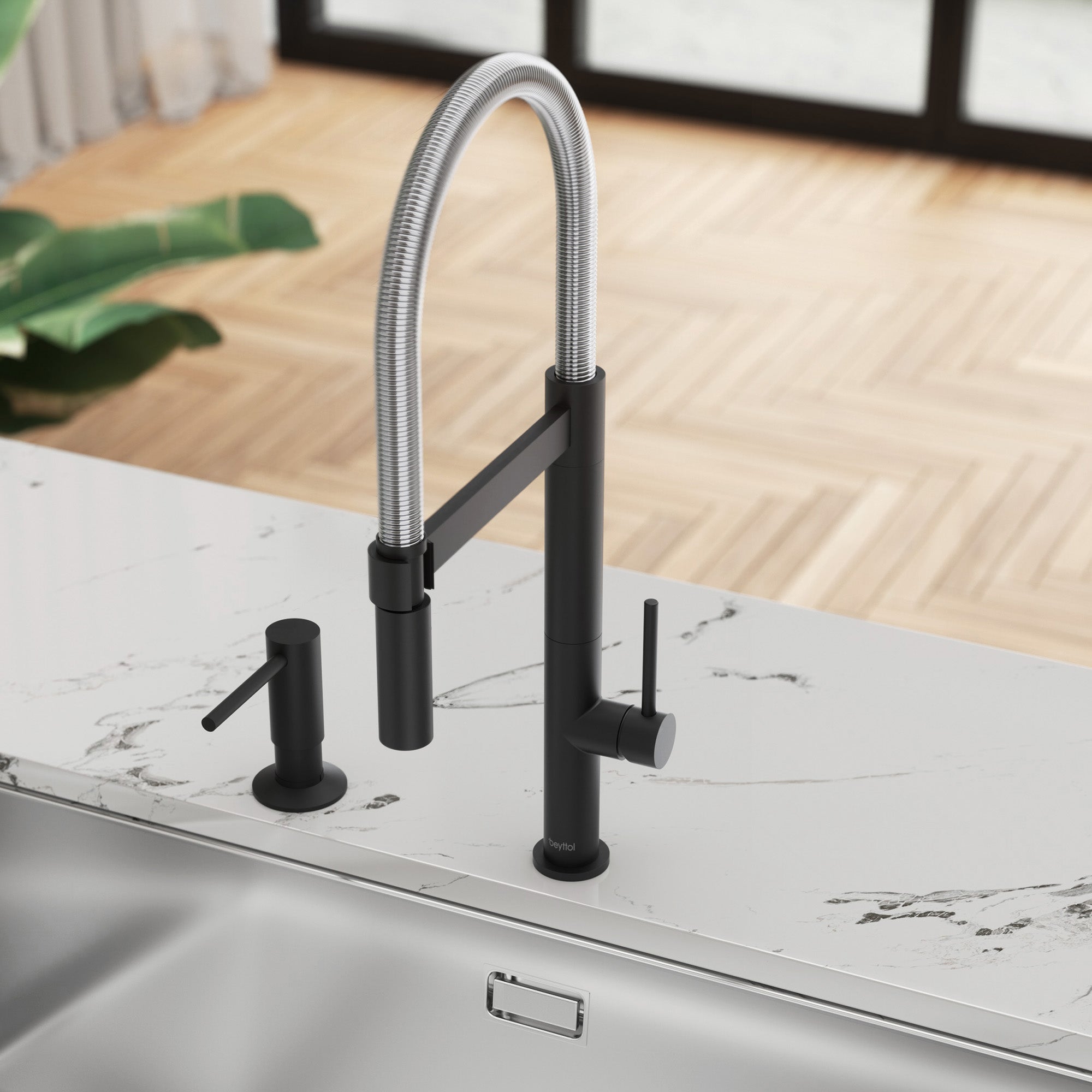 Single Handle Deck Mounted High Arc Brass Kitchen Faucet with Soap Dispenser