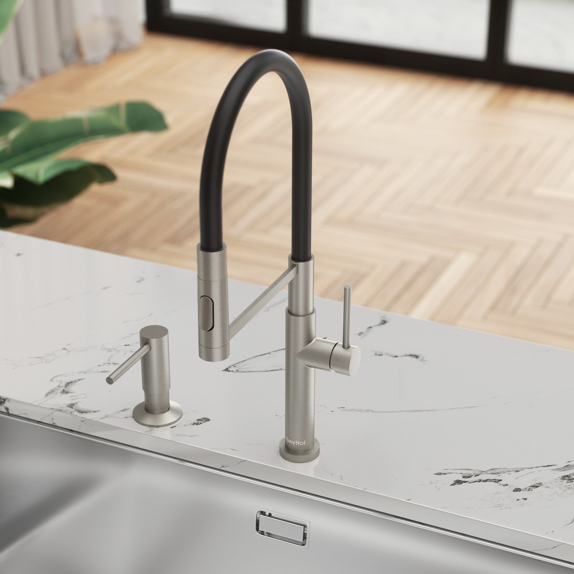Single Handle Deck Mounted High Arc Brass Kitchen Faucet with Soap Dispenser