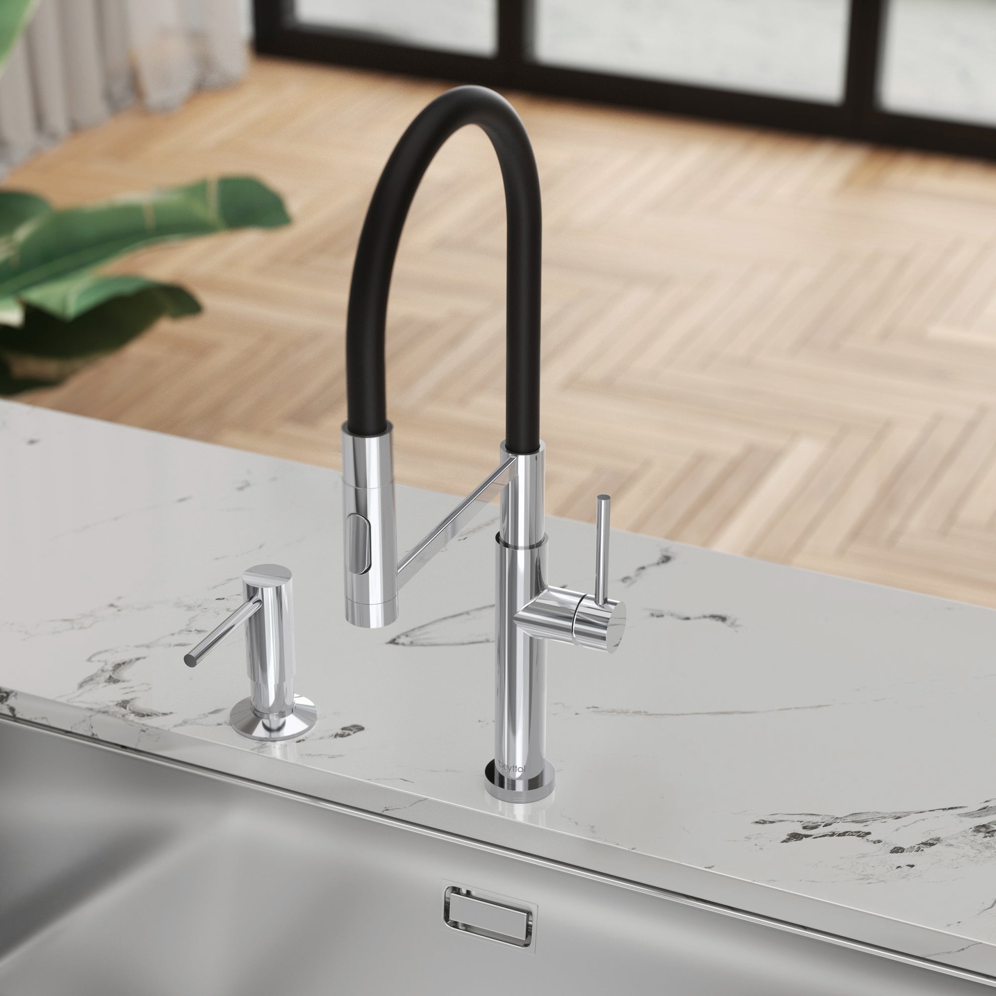 Single Handle Deck Mounted High Arc Brass Kitchen Faucet with Soap Dispenser