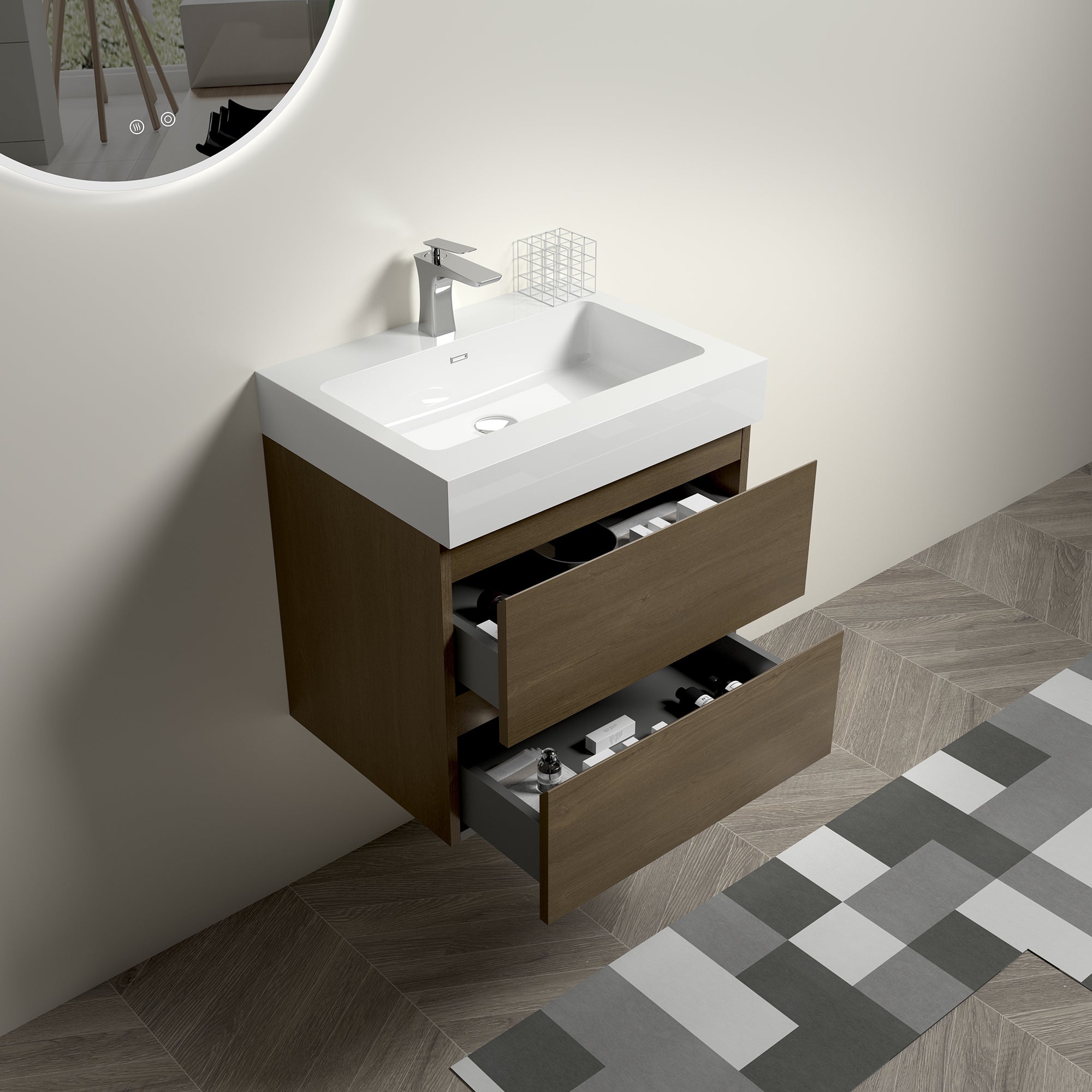 Wall-Mounted Bathroom Vanity Set with Drawer and Solid surface Sink