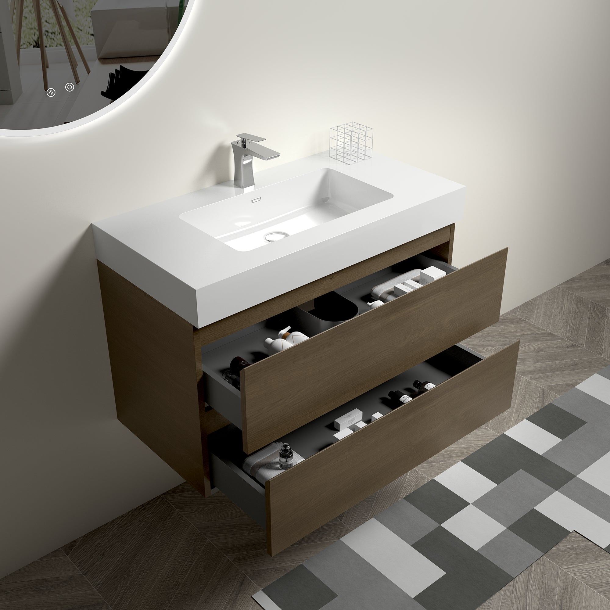 Wall-Mounted Bathroom Vanity Set with Drawer and Solid surface Sink