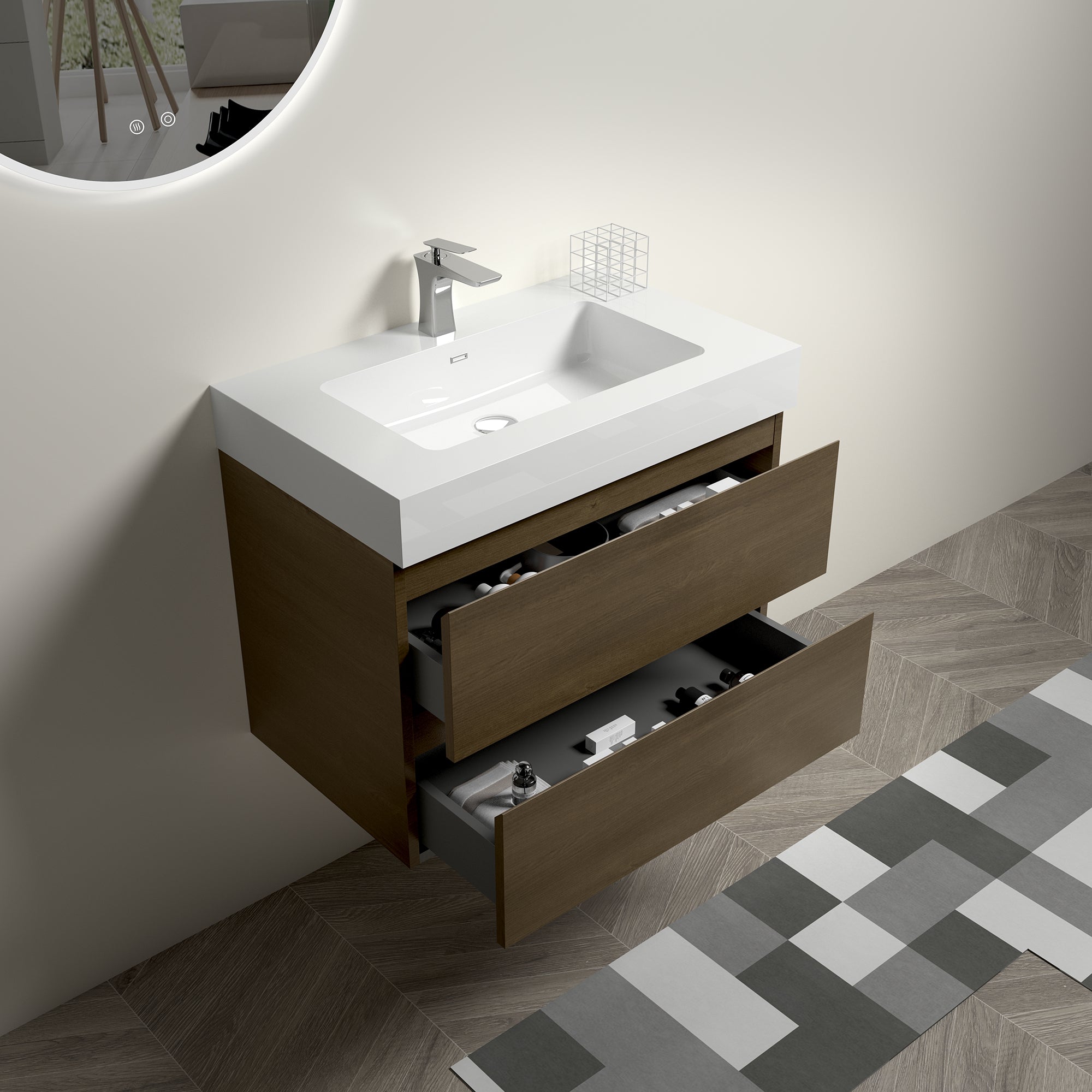 Wall-Mounted Bathroom Vanity Set with Drawer and Solid surface Sink