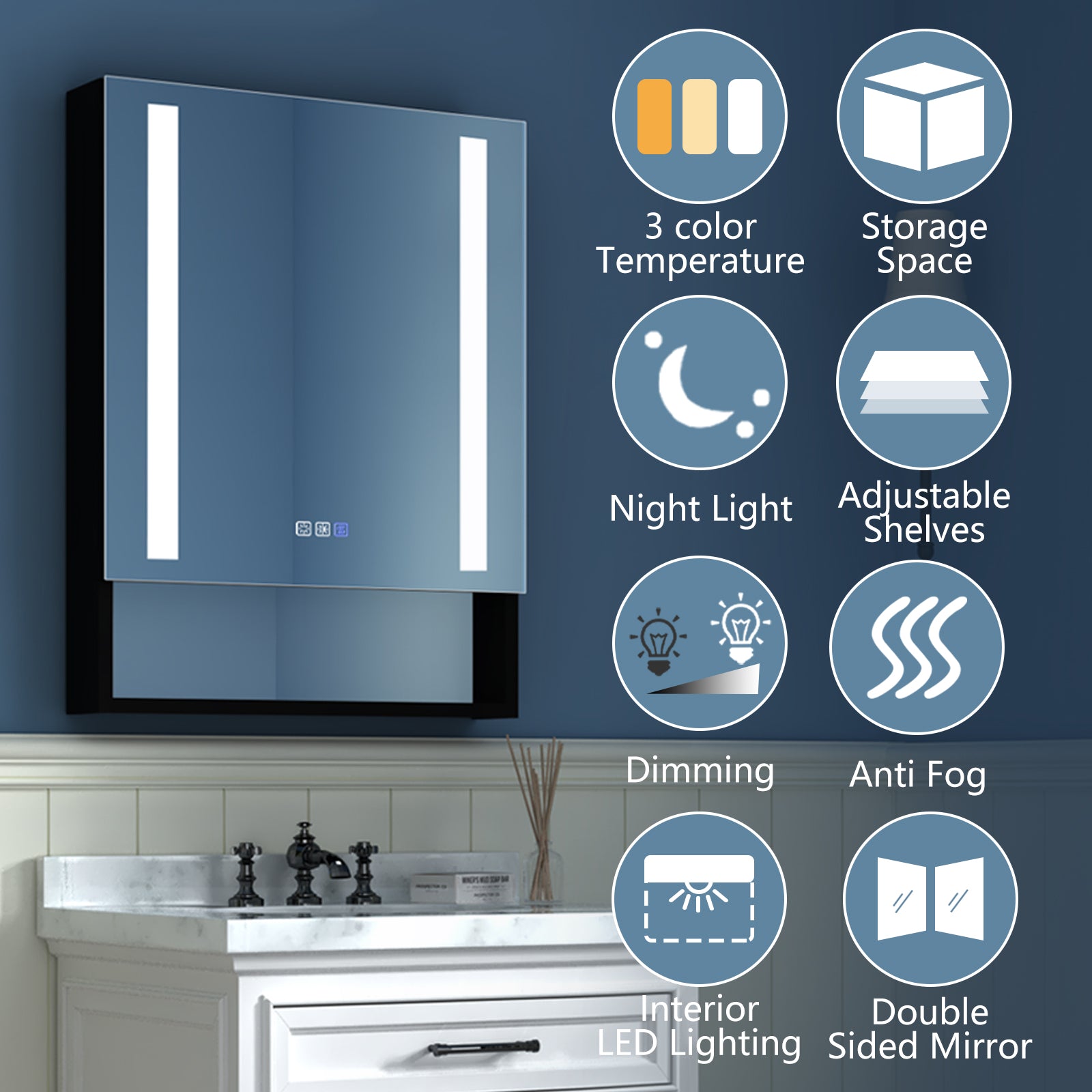 2Aluminum Surface/Recessed Mount Medicine Cabinet with Mirror, Outlet and Lights