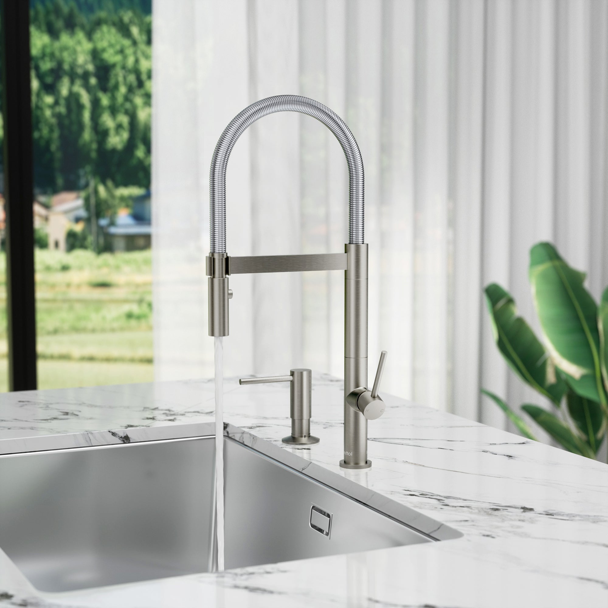 Single Handle Deck Mounted High Arc Brass Kitchen Faucet with Soap Dispenser