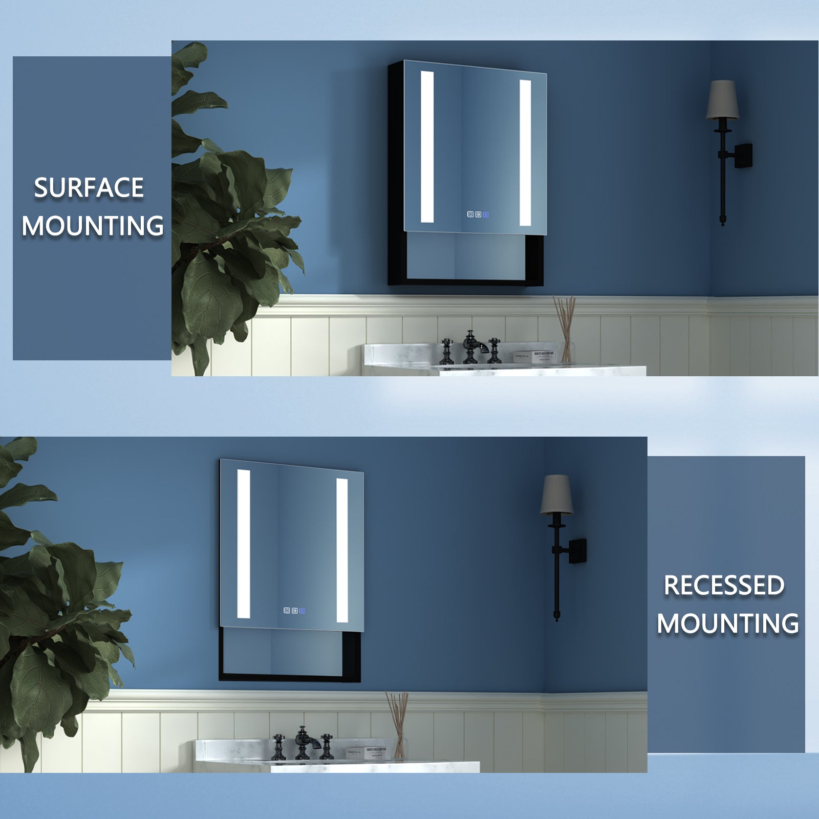 2Aluminum Surface/Recessed Mount Medicine Cabinet with Mirror, Outlet and Lights