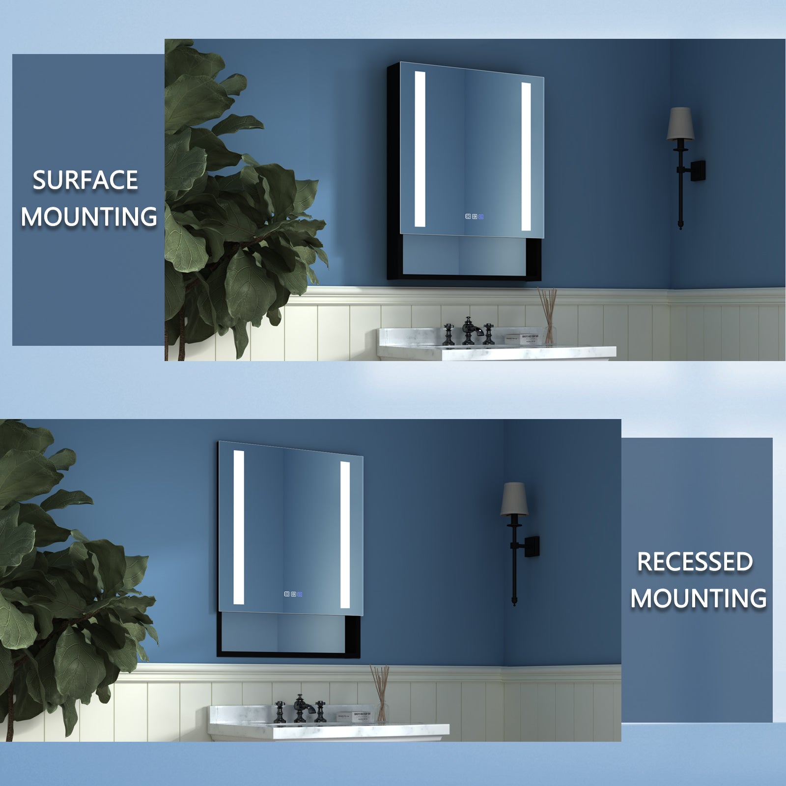2Aluminum Surface/Recessed Mount Medicine Cabinet with Mirror, Outlet and Lights