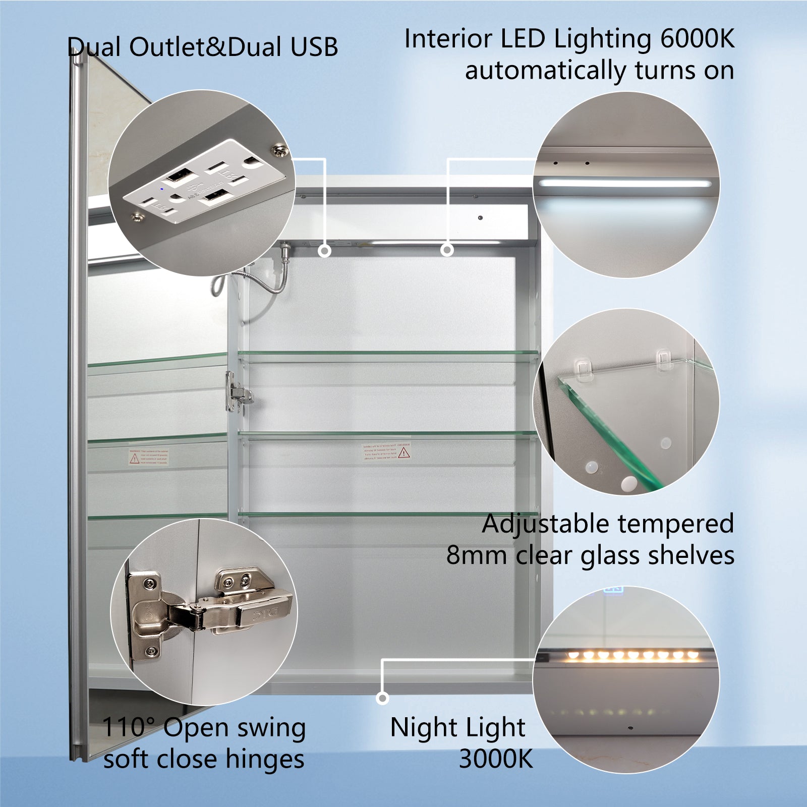 Aluminum Surface Mount/Recessed LED Medicine Cabinet with Mirror,  Outlet and Shelves