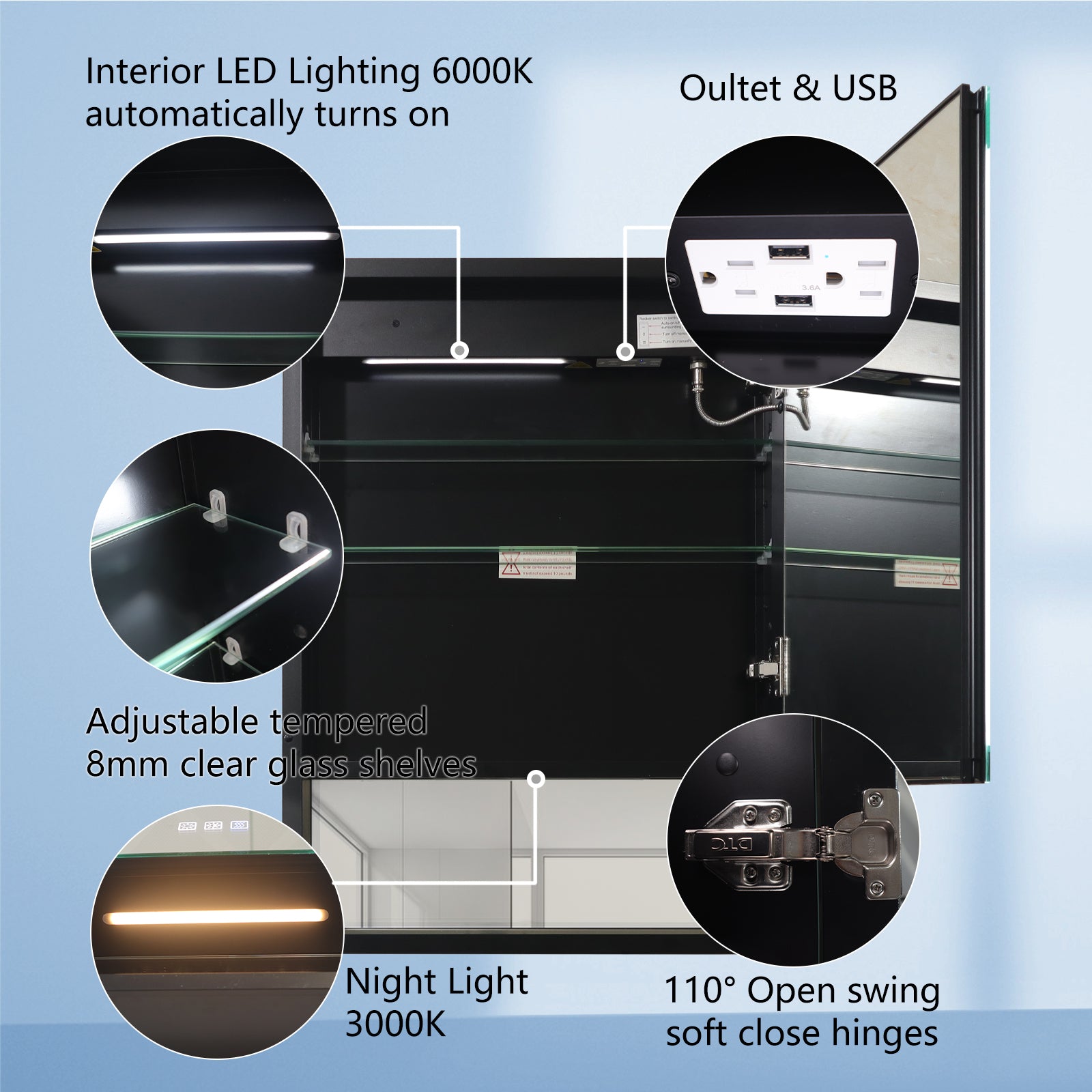 2Aluminum Surface/Recessed Mount Medicine Cabinet with Mirror, Outlet and Lights